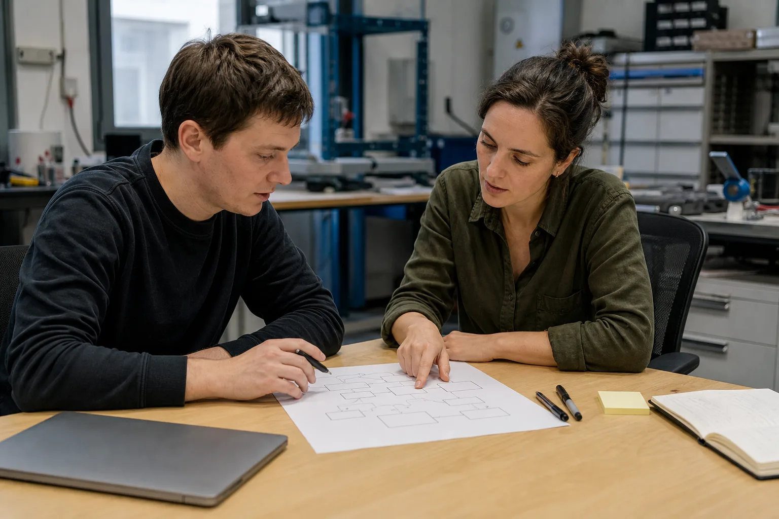Zwei Fachleute besprechen an einem Arbeitstisch einen Ablaufplan für KI-Agenten in einer neutralen Entwicklungsumgebung.