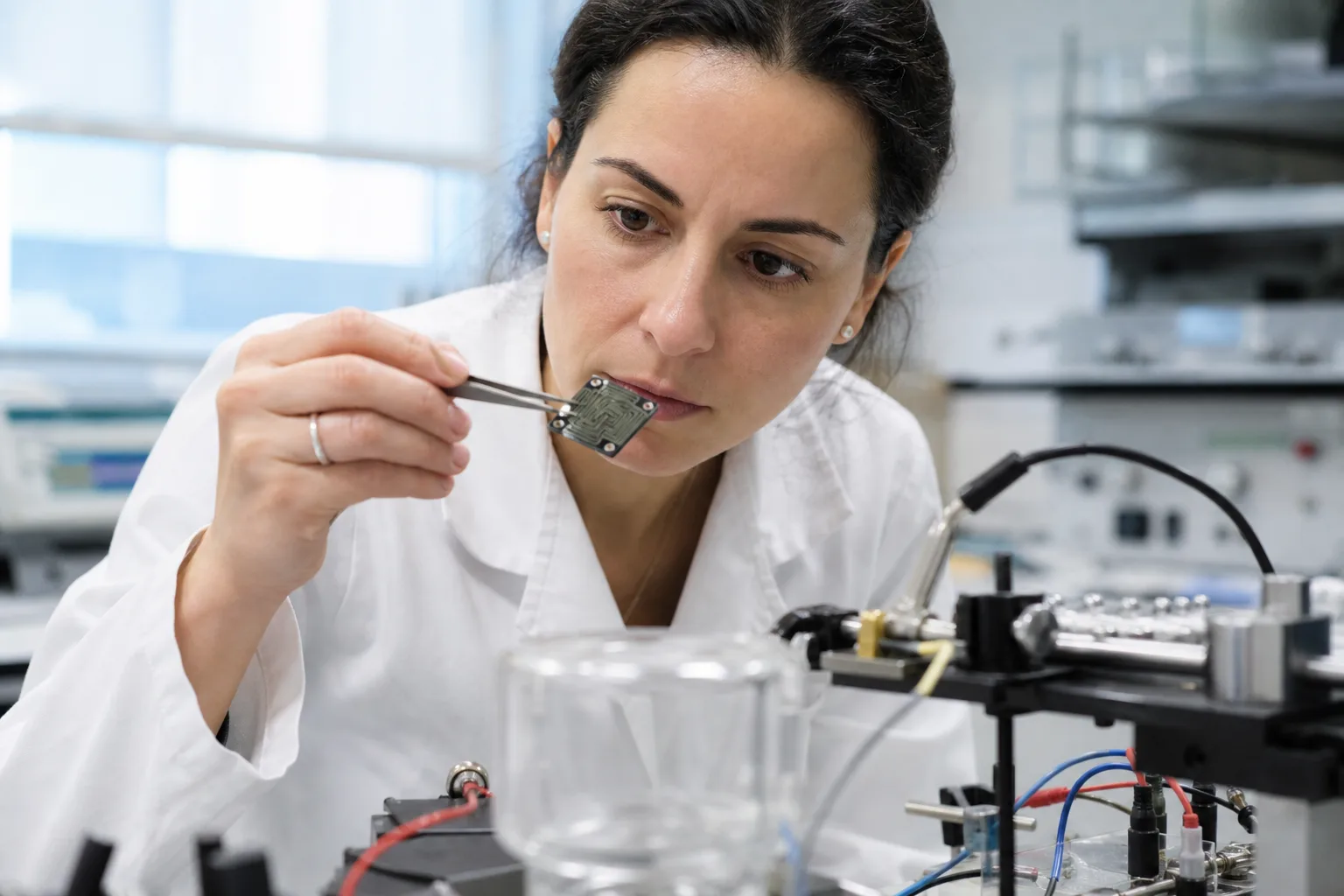 Wissenschaftlerin hält im Labor eine kleine Sensorplatine mit Messkabeln neben einem unbeschrifteten Probenbehälter.