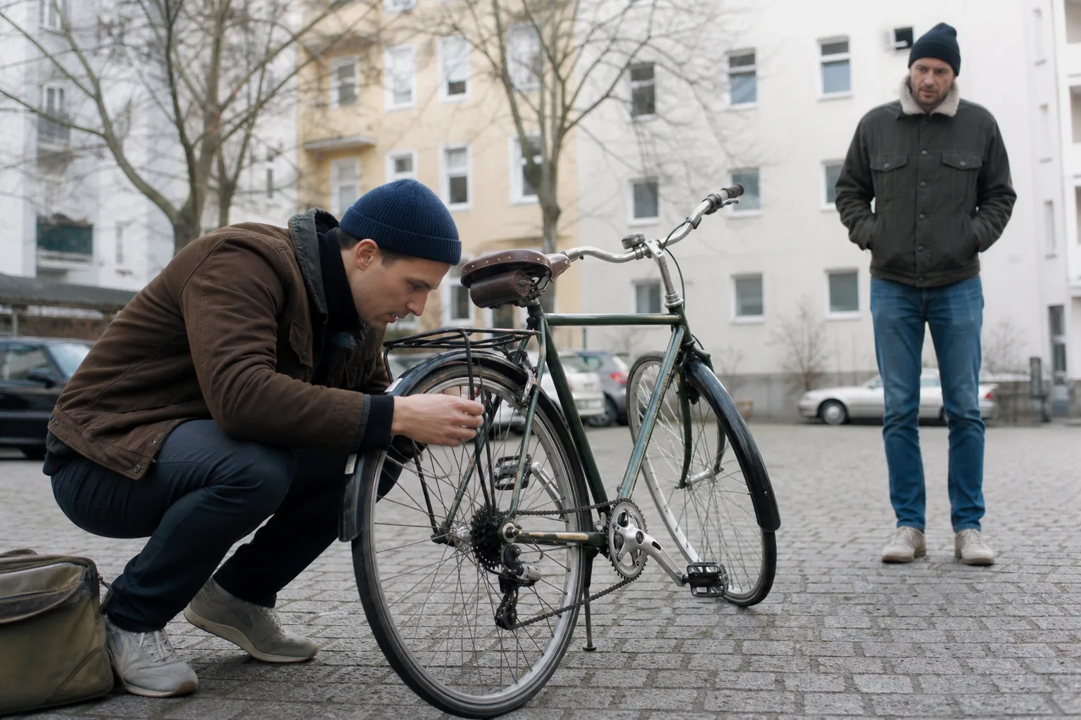 Zwei Personen prüfen bei einer privaten Übergabe im öffentlichen Raum ein gebrauchtes Fahrrad
