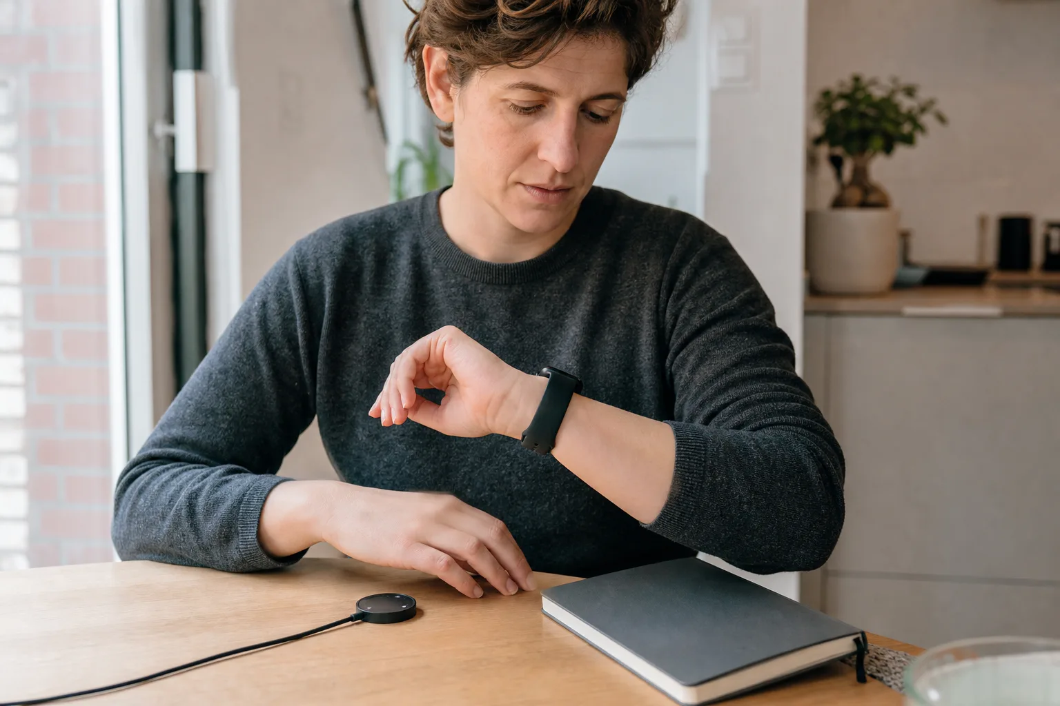 Person betrachtet eine markenfreie Smartwatch am Küchentisch neben Ladepuck und Notizbuch.