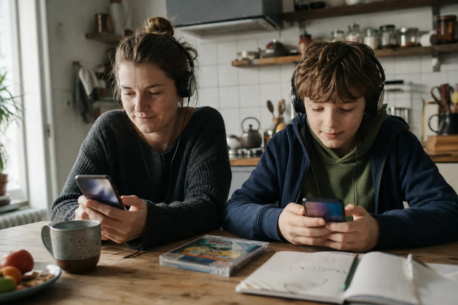 Ein Elternteil und ein Kind hören in einer Wohnung mit getrennten Kopfhörern Musik an zwei neutralen Smartphones.