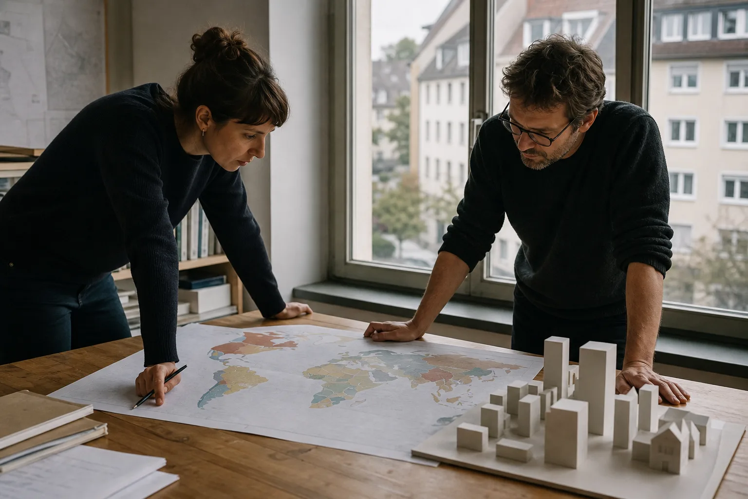 Eine Stadtplanerin und ein Bauphysiker betrachten eine abstrakte Weltkarte und ein Papiermodell verschiedener Gebäudeformen vor einem europäischen Wohnviertel.