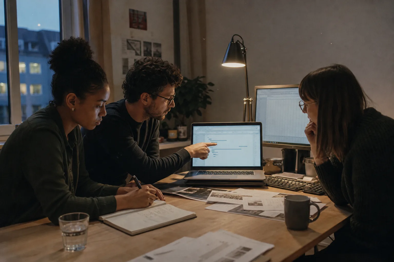 Ein kleines Team prüft in einem deutschen Büro Unterlagen und digitale Projektdaten für einen KI-gestützten Arbeitsauftrag.