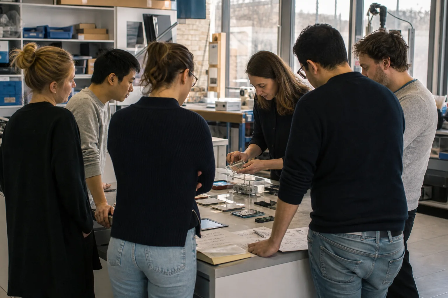 Sechs Fachleute beraten in einer europäischen Entwicklungswerkstatt an einem Tisch mit neutralen Materialproben und technischen Bauteilen.