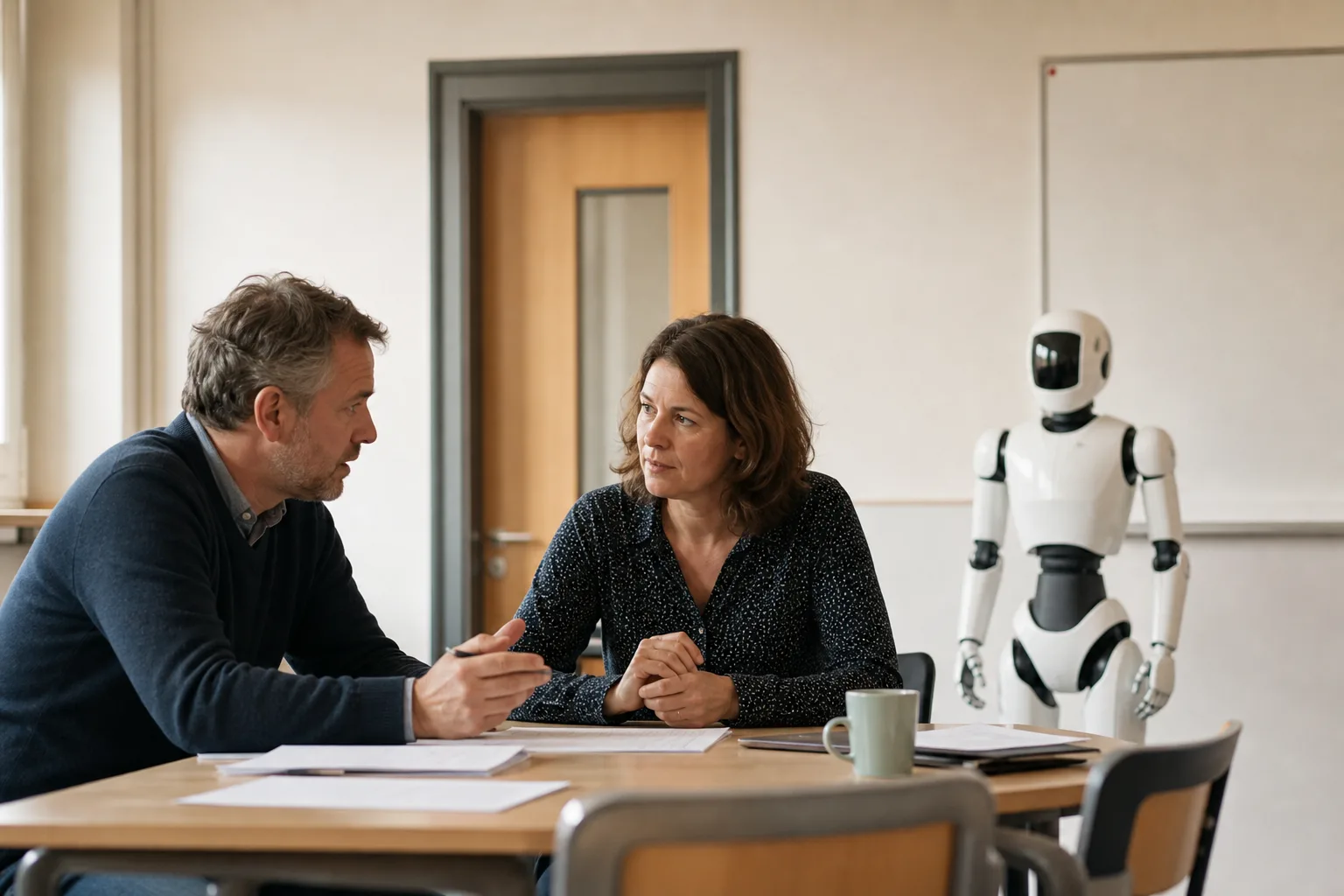 Zwei Schulverantwortliche besprechen in einem hellen Klassenraum die Vorbereitung eines KI-Roboter-Piloten; ein unmarkierter humanoider Roboter steht ausgeschaltet im Hintergrund.