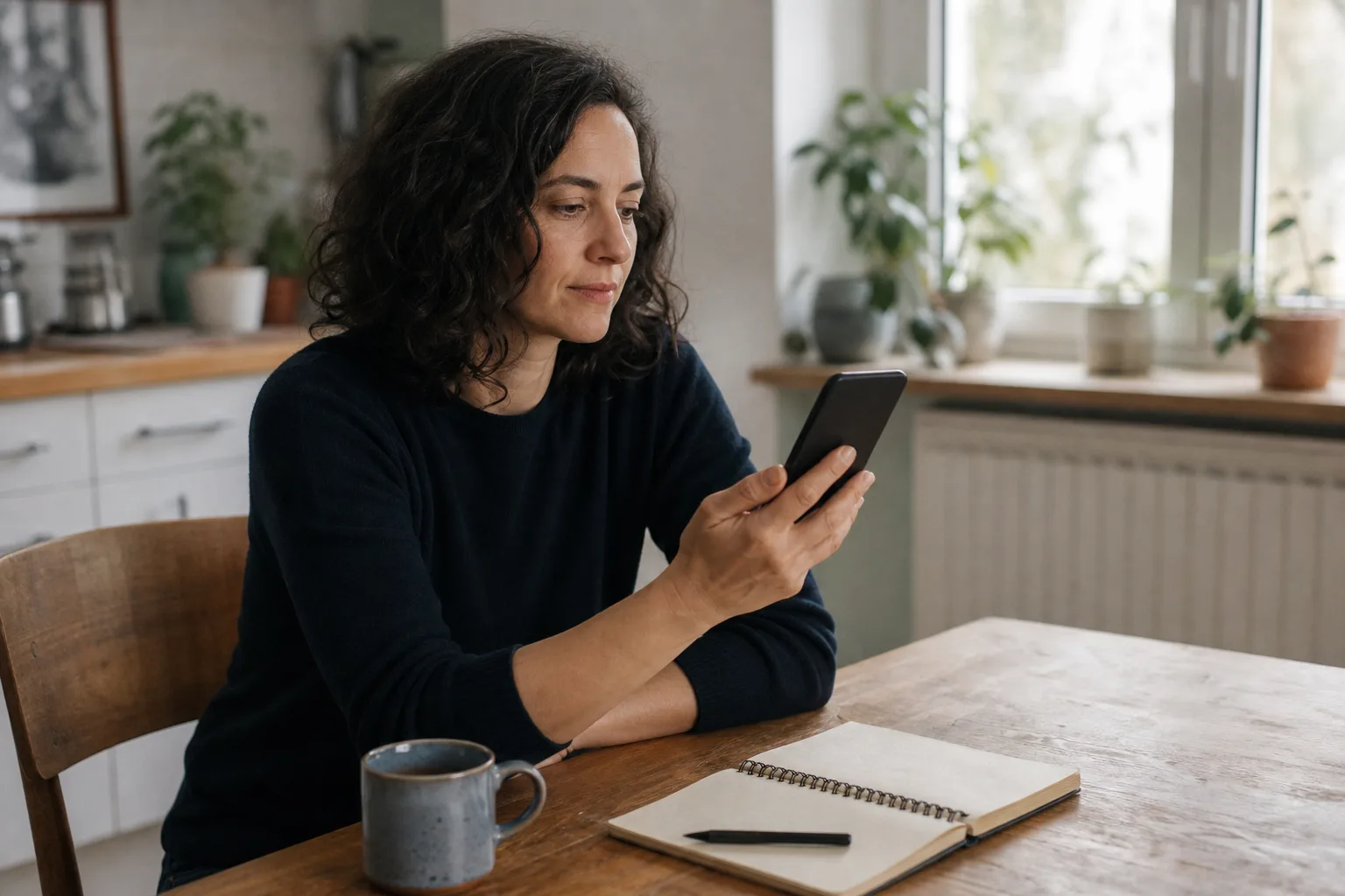 Person hält am Küchentisch inne und prüft eine ungewöhnliche Nachricht auf dem Smartphone.