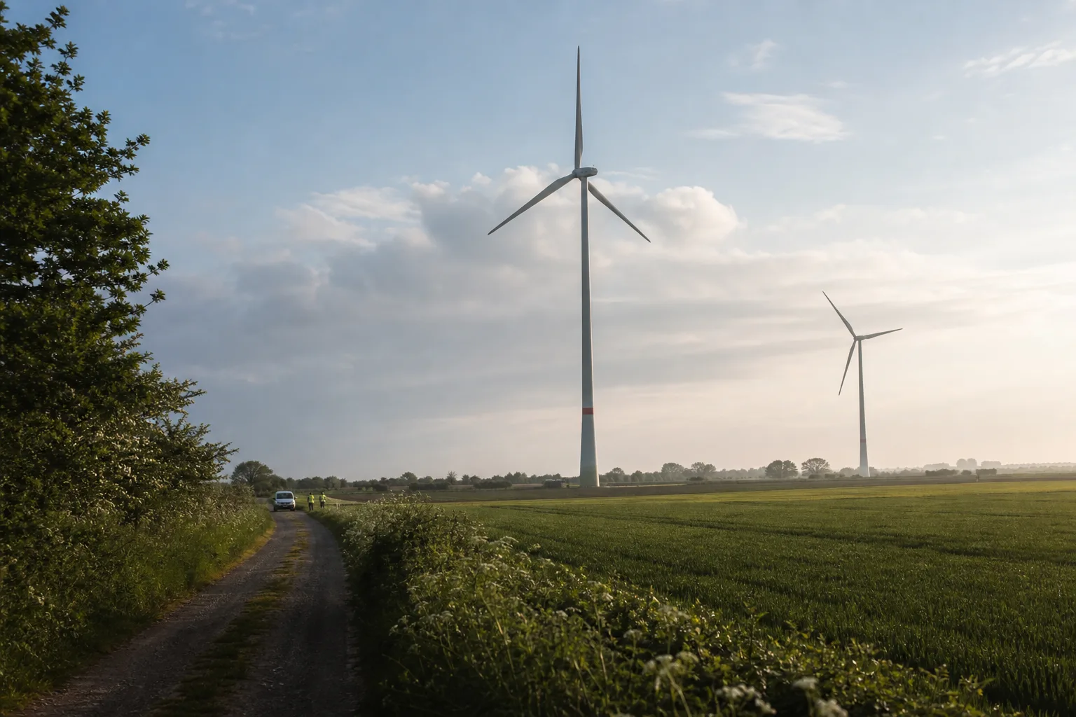 Zwei Windenergieanlagen stehen in einer ländlichen Landschaft in Nordrhein-Westfalen; Wartungspersonal ist in der Ferne zu sehen.