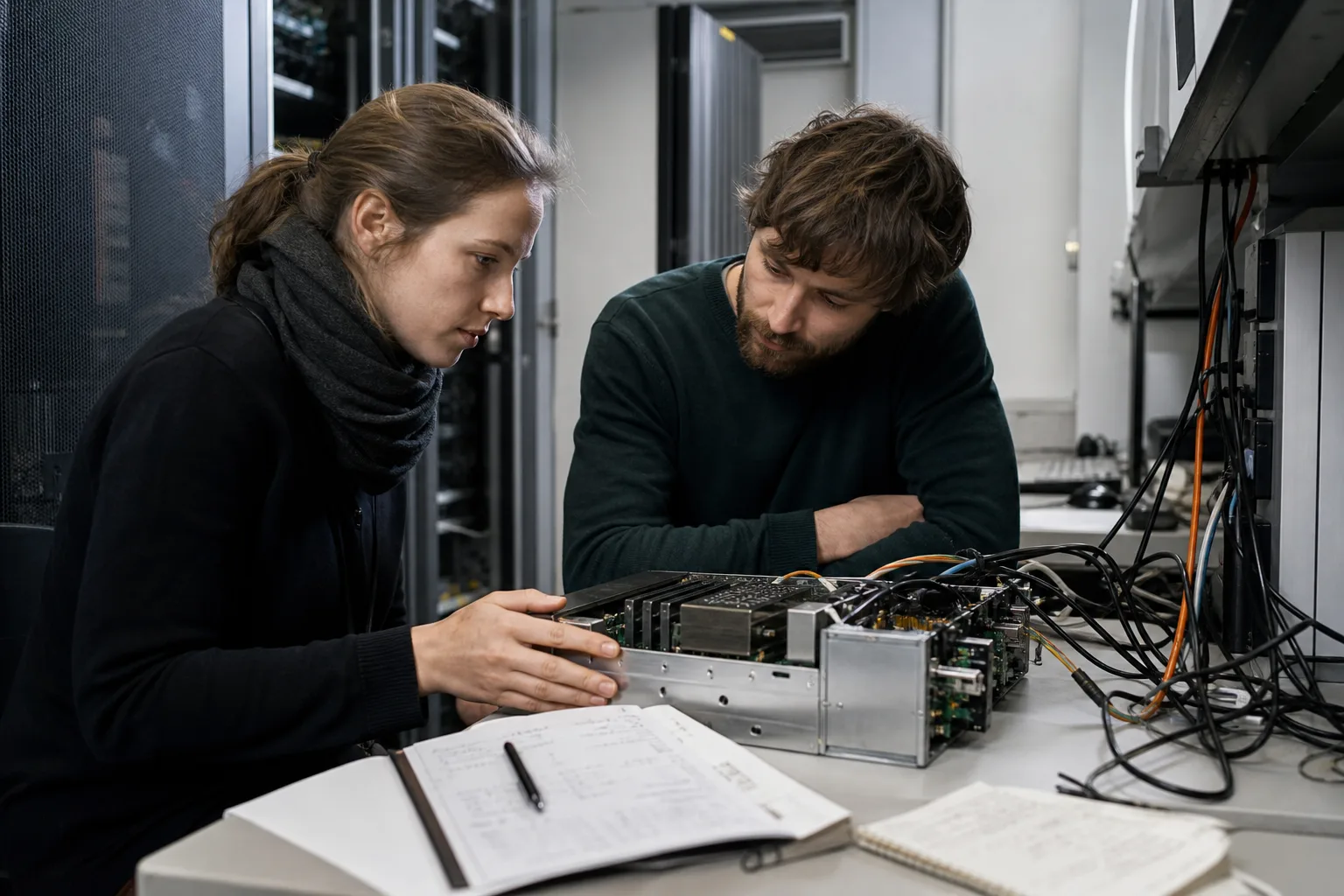 Zwei Fachleute prüfen in einem KI-Forschungslabor eine kompakte Recheneinheit neben neutralen Serverracks und Messnotizen.
