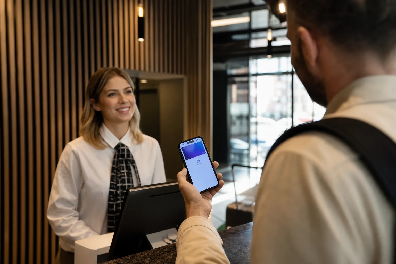 Eine Person nutzt am Check-in ein Smartphone für einen digitalen Identitätsnachweis.
