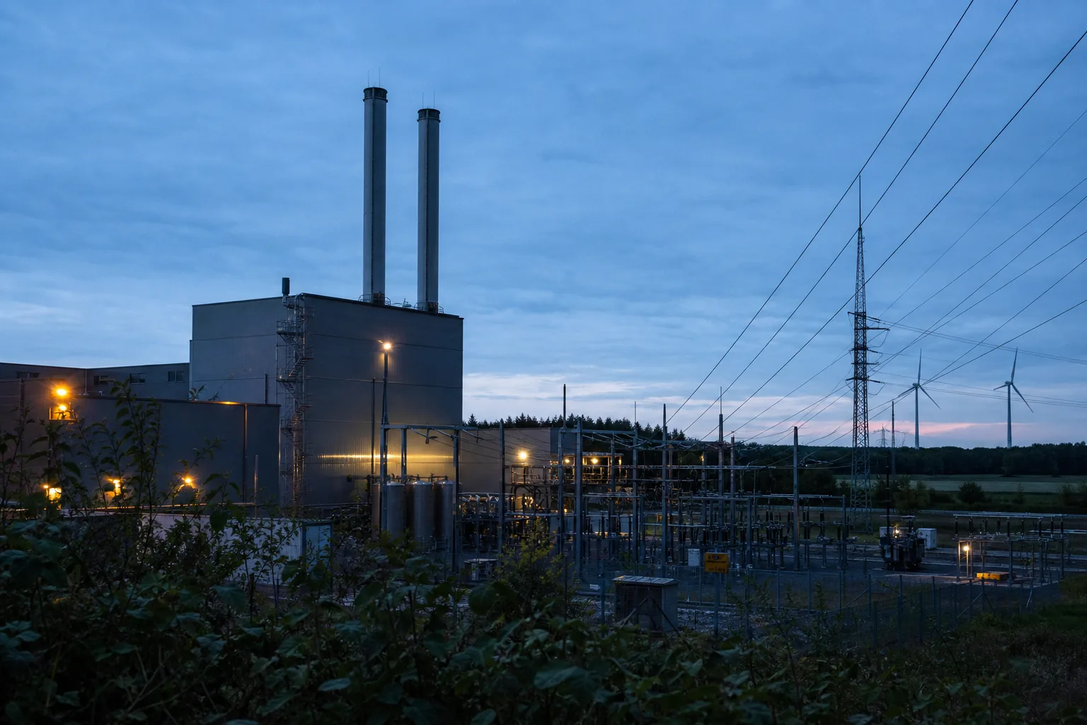 Ein flexibles Kraftwerk und ein Umspannwerk stehen in einer deutschen Industrielandschaft am Abend.