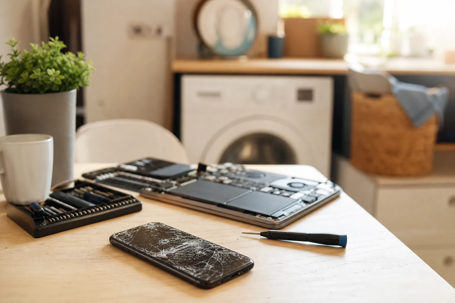 Defektes Smartphone, Laptop und Waschmaschine als Beispiele für Reparaturentscheidungen im Alltag