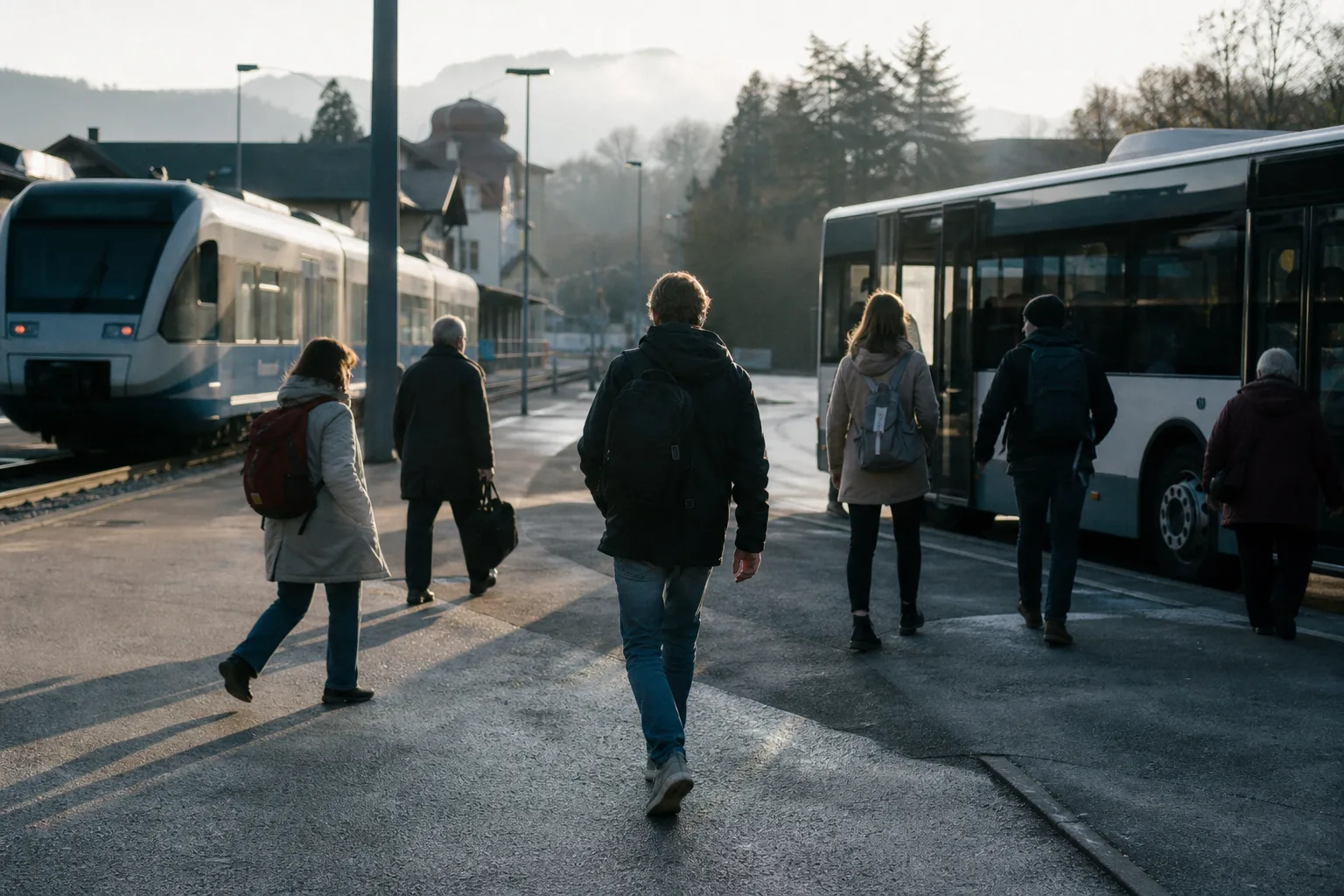 Pendler wechseln an einem süddeutschen Regionalbahnhof zwischen Zug und Bus.