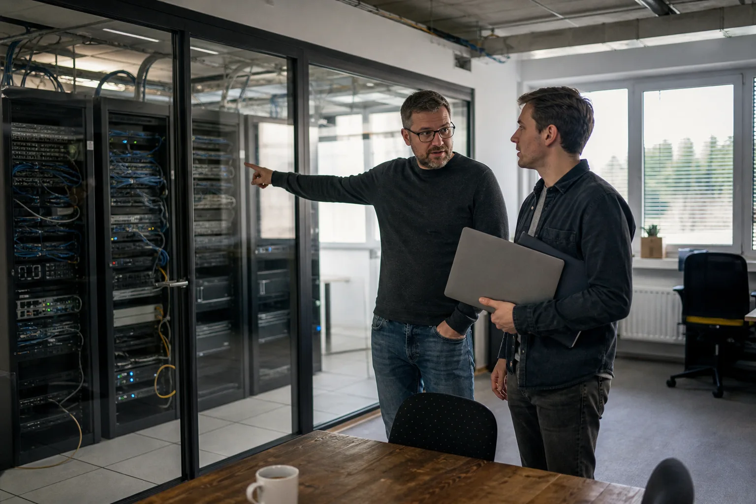 Zwei IT-Fachleute besprechen in einer repräsentativen europäischen Arbeitsumgebung die Aufteilung einer lokalen Serverlandschaft.
