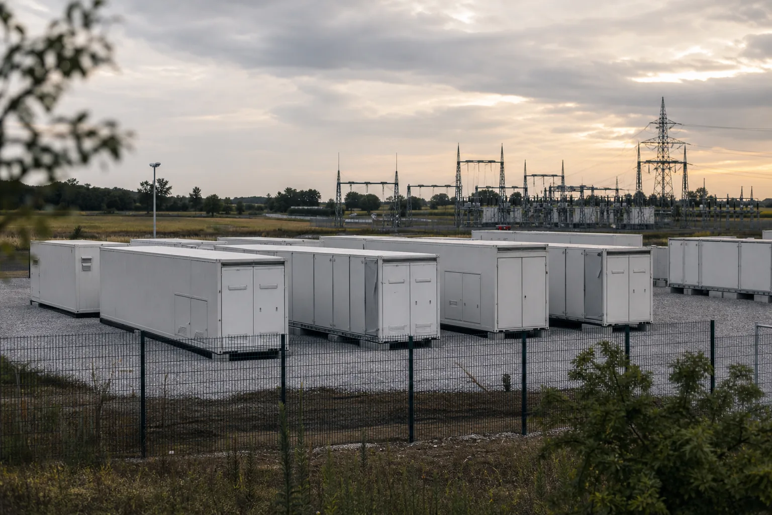 Repräsentative Ansicht anonymer Batteriespeicher-Container neben einer Hochspannungsanlage in einer europäischen Industrielandschaft.