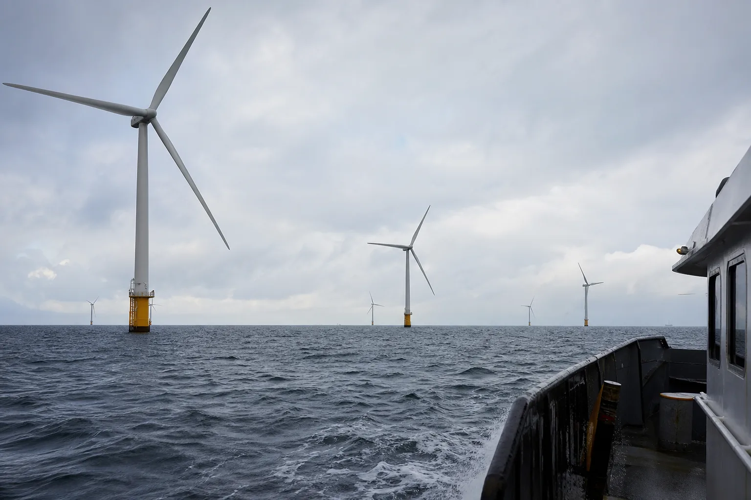 Großer Offshore-Windpark in der Ostsee, gesehen bei natürlichem Licht von einem Arbeitsschiff auf See.