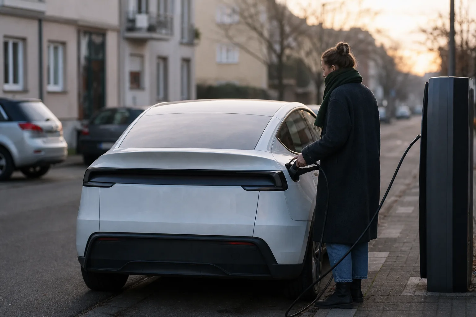 Person steht an einer neutralen Ladesäule neben einem unmarkierten Elektroauto in einer europäischen Wohnstraße.