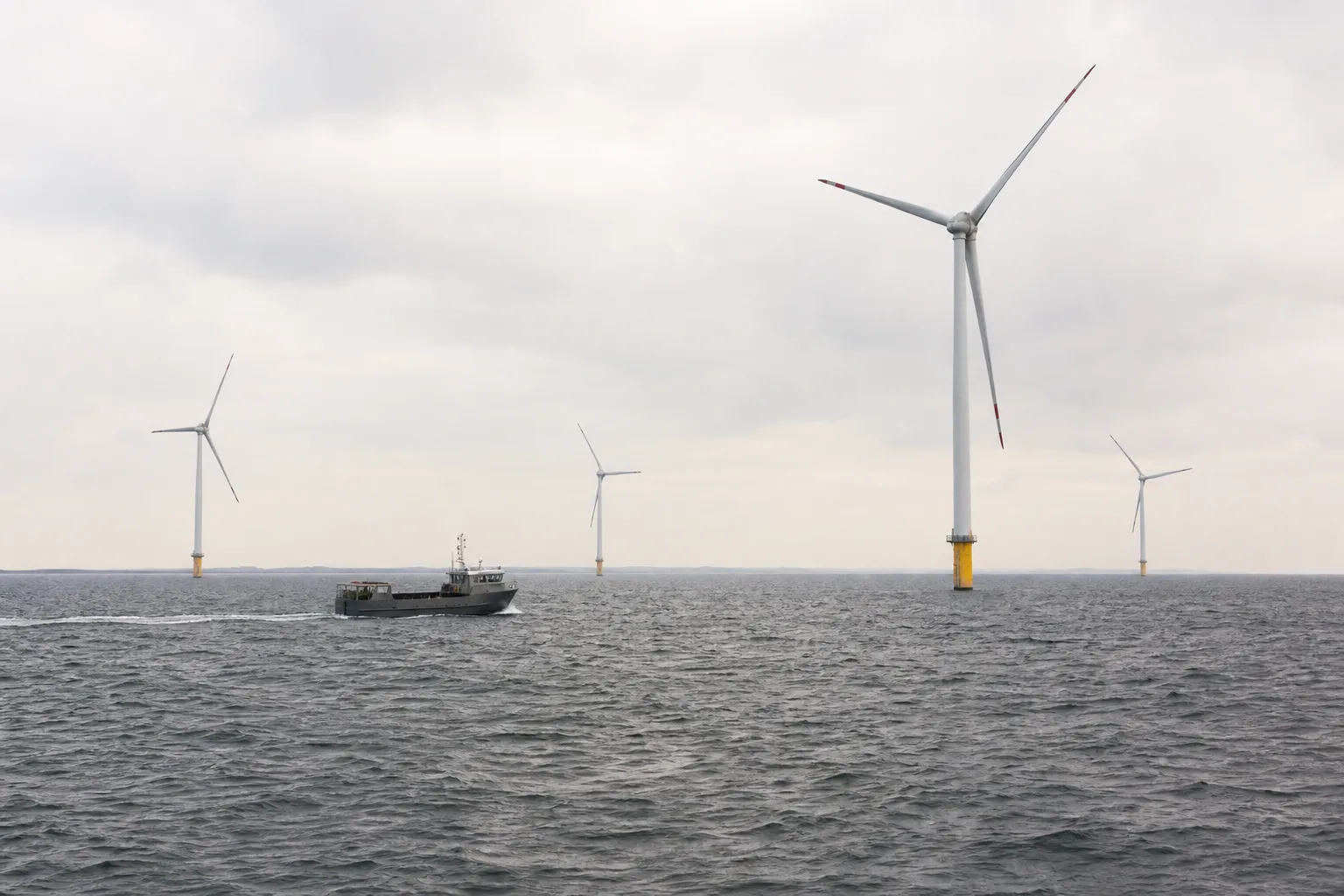 Mehrere Offshore-Windturbinen stehen bei ruhigem Tageslicht weit vor einer europäischen Küste; im Vordergrund fährt ein kleines unbeschriftetes Arbeitsboot vorbei.