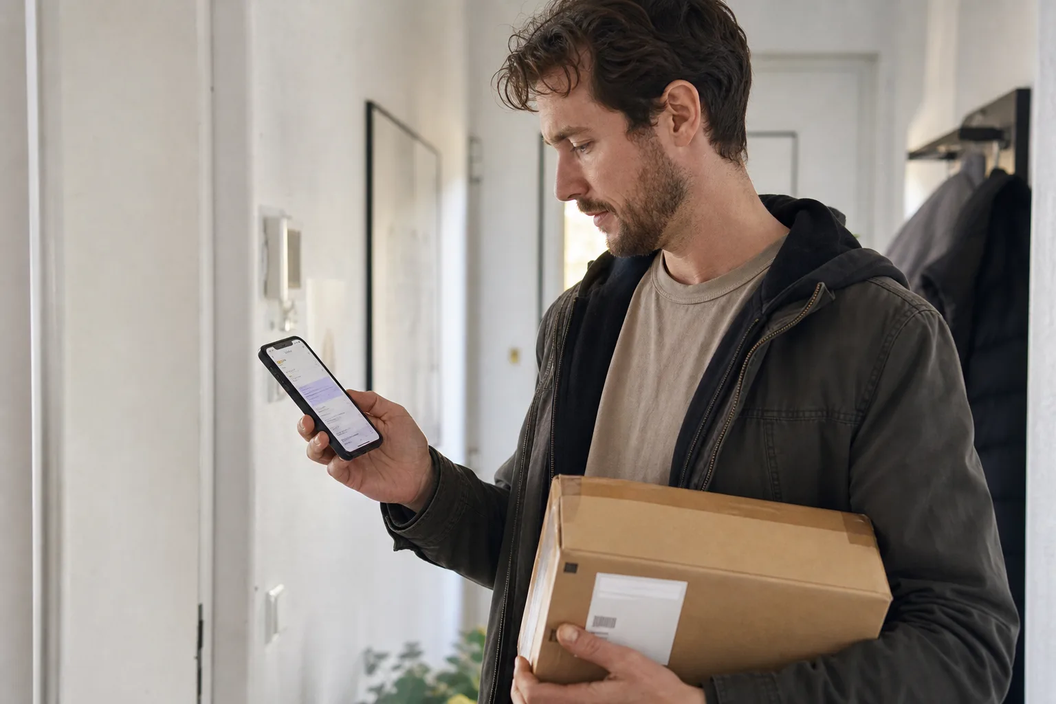 Person prüft im Flur eine KI-Zusammenfassung auf dem Smartphone neben einem Paket.