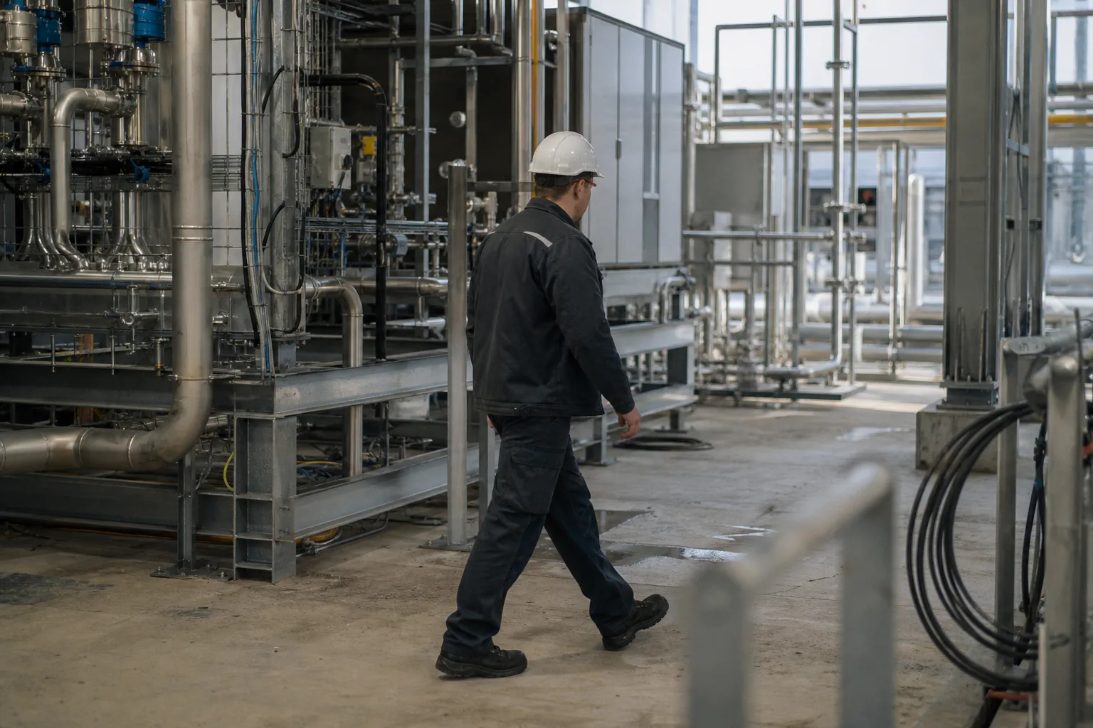 Eine Fachkraft in neutraler Schutzkleidung geht in einer hellen, unbeschrifteten Industriehalle an Rohrleitungen und Elektrolysemodulen vorbei.
