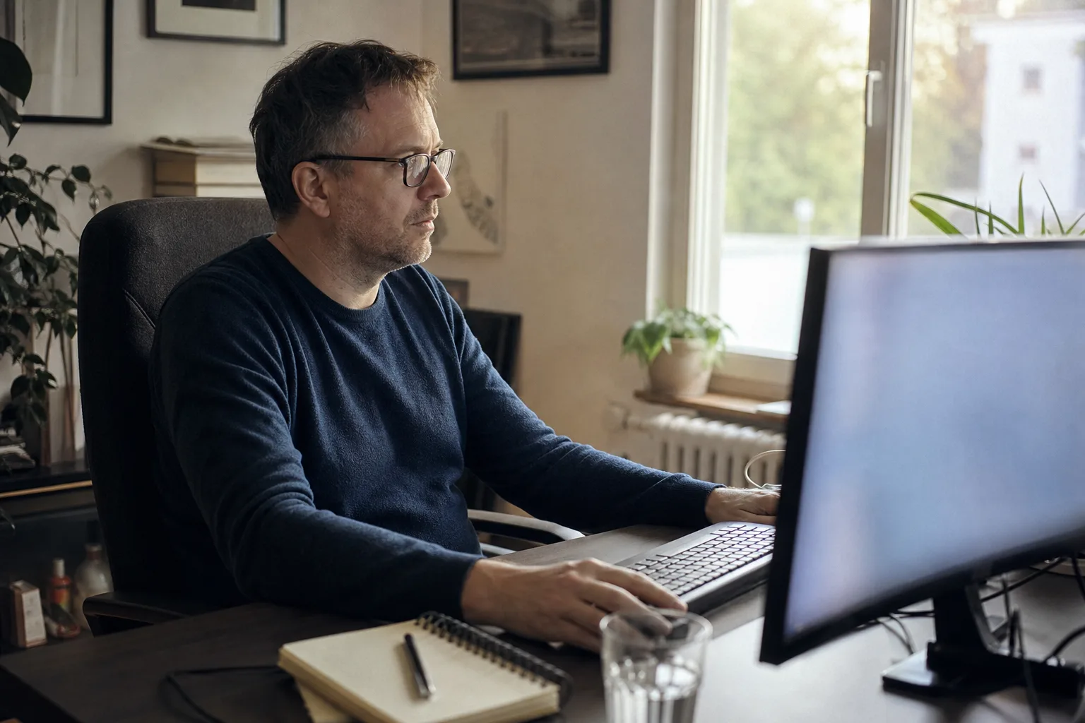 Person prüft an einem Desktop-PC in einem ruhigen Homeoffice eine neue Sucheinstellung; der Bildschirm bleibt unlesbar.