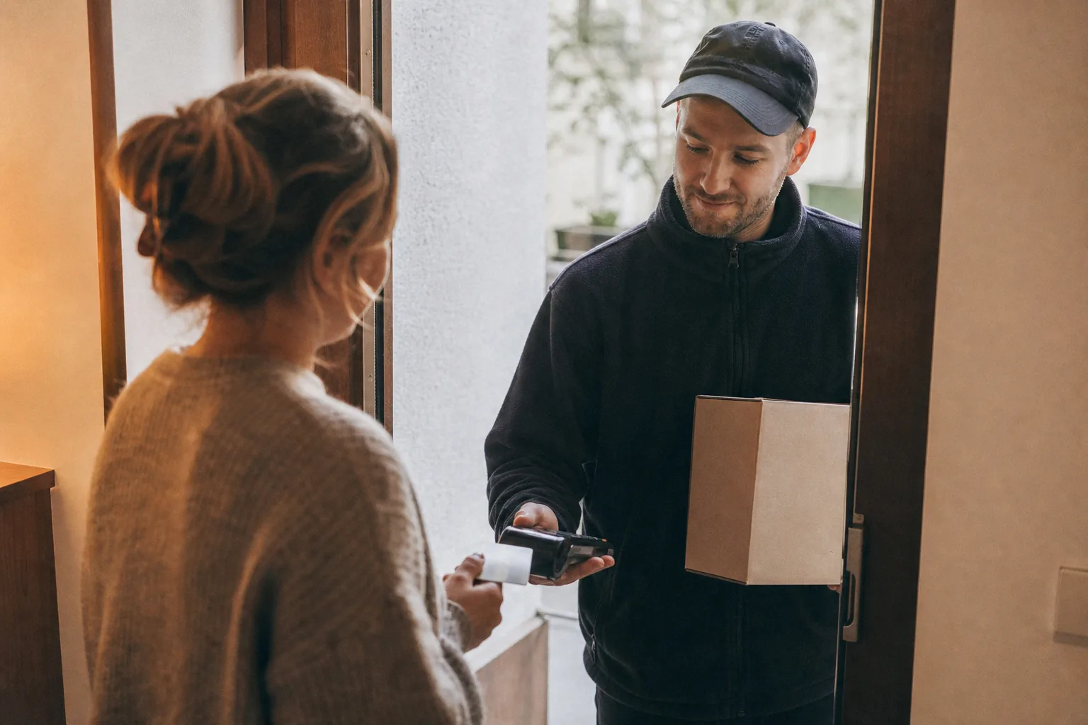 Eine Zustellkraft hält an einer Wohnungstür einen neutralen Handscanner, während eine Person eine unbeschriftete Bankkarte bereithält.