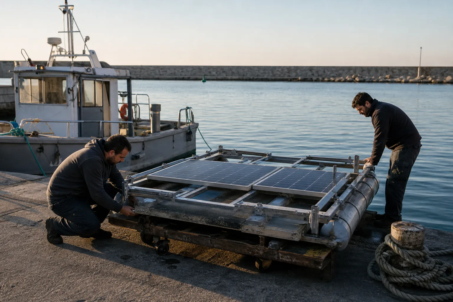 Zwei Hafenfachkräfte bereiten an einer unmarkierten mediterranen Mole einen kleinen schwimmenden Solar-Testaufbau vor; die Anlage liegt noch nicht im Meer.