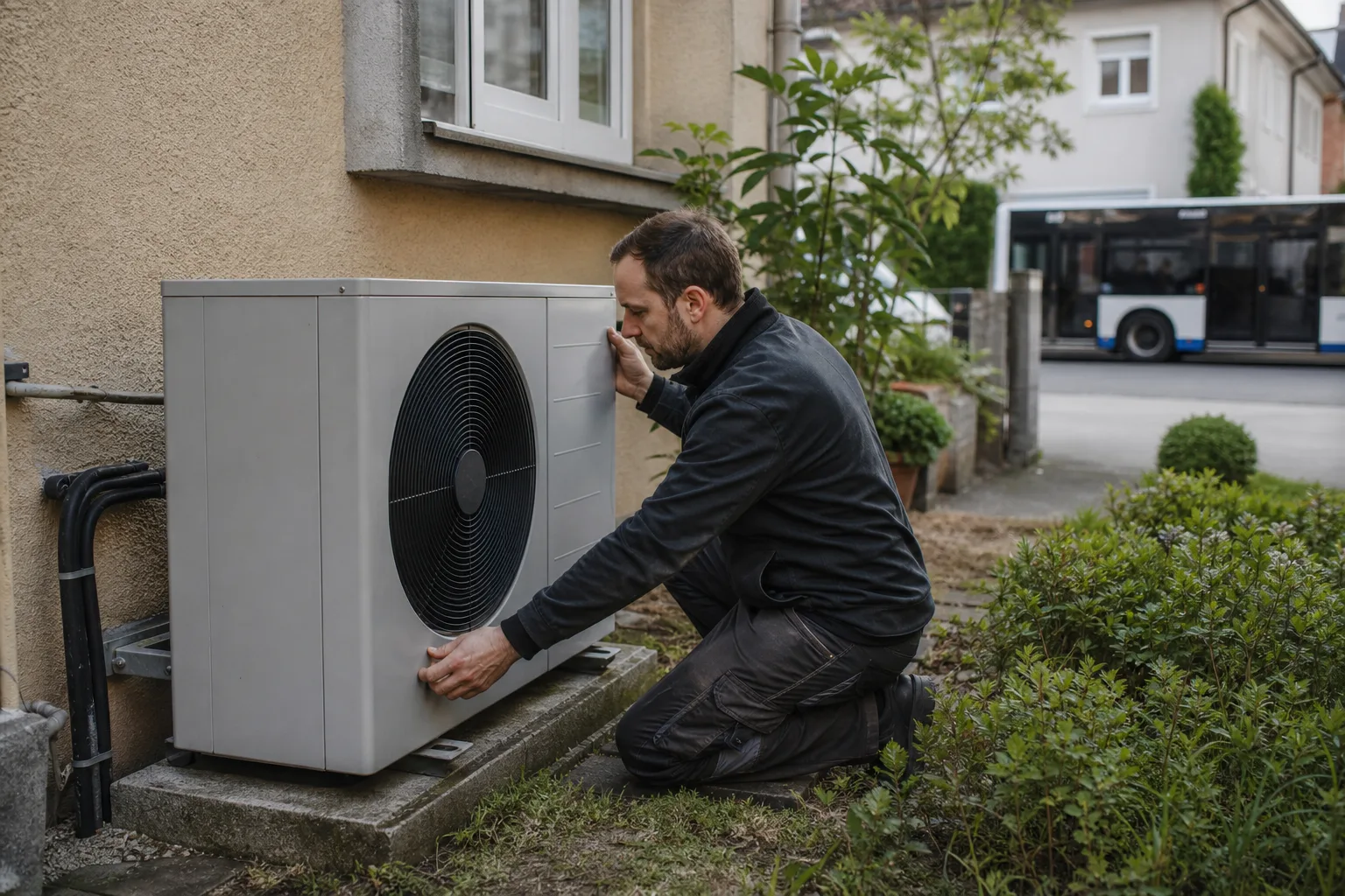 Eine Heizungsfachkraft prüft an einem Wohnhaus eine unmarkierte Wärmepumpen-Außeneinheit; im Hintergrund fährt unscharf ein Linienbus vorbei.