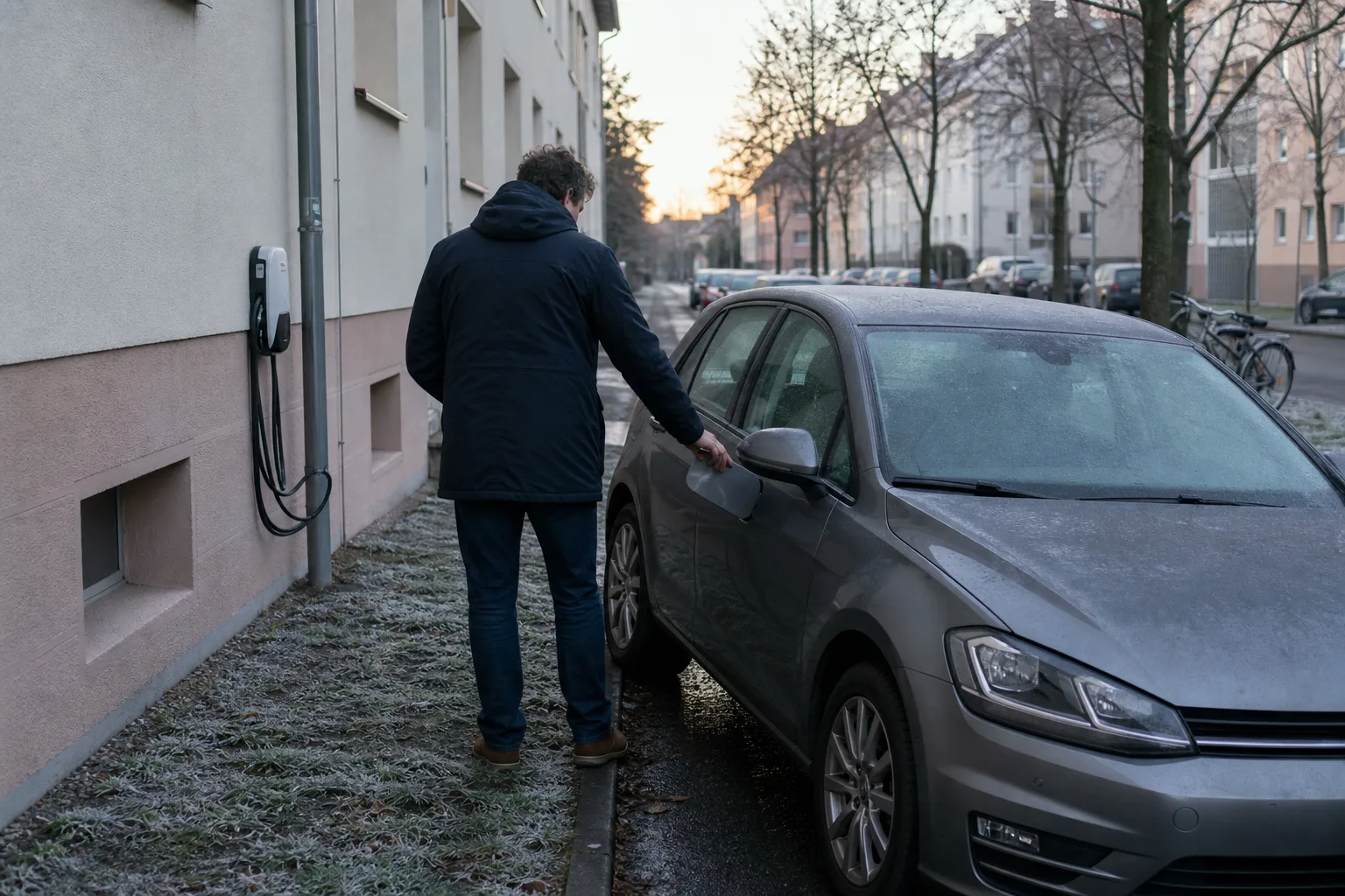 Eine Person schließt an einem unmarkierten Plug-in-Hybrid an einem frostigen Morgen die Ladeklappe; das geparkte Fahrzeug bleibt ausgeschaltet.