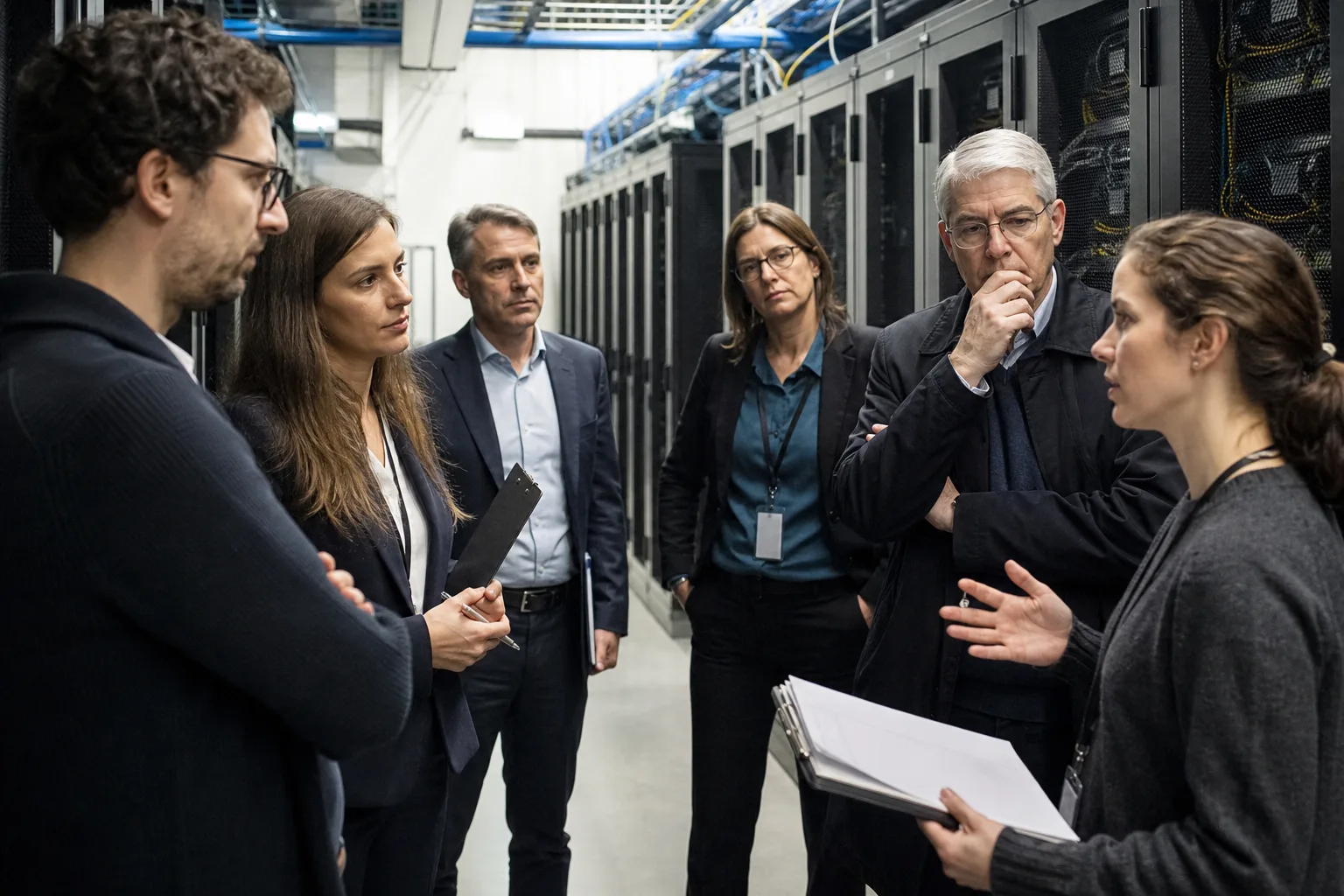 Menschen aus Technik und Politik stehen in einem europäischen Rechenzentrum zwischen Serverracks und beraten über KI-Infrastruktur.