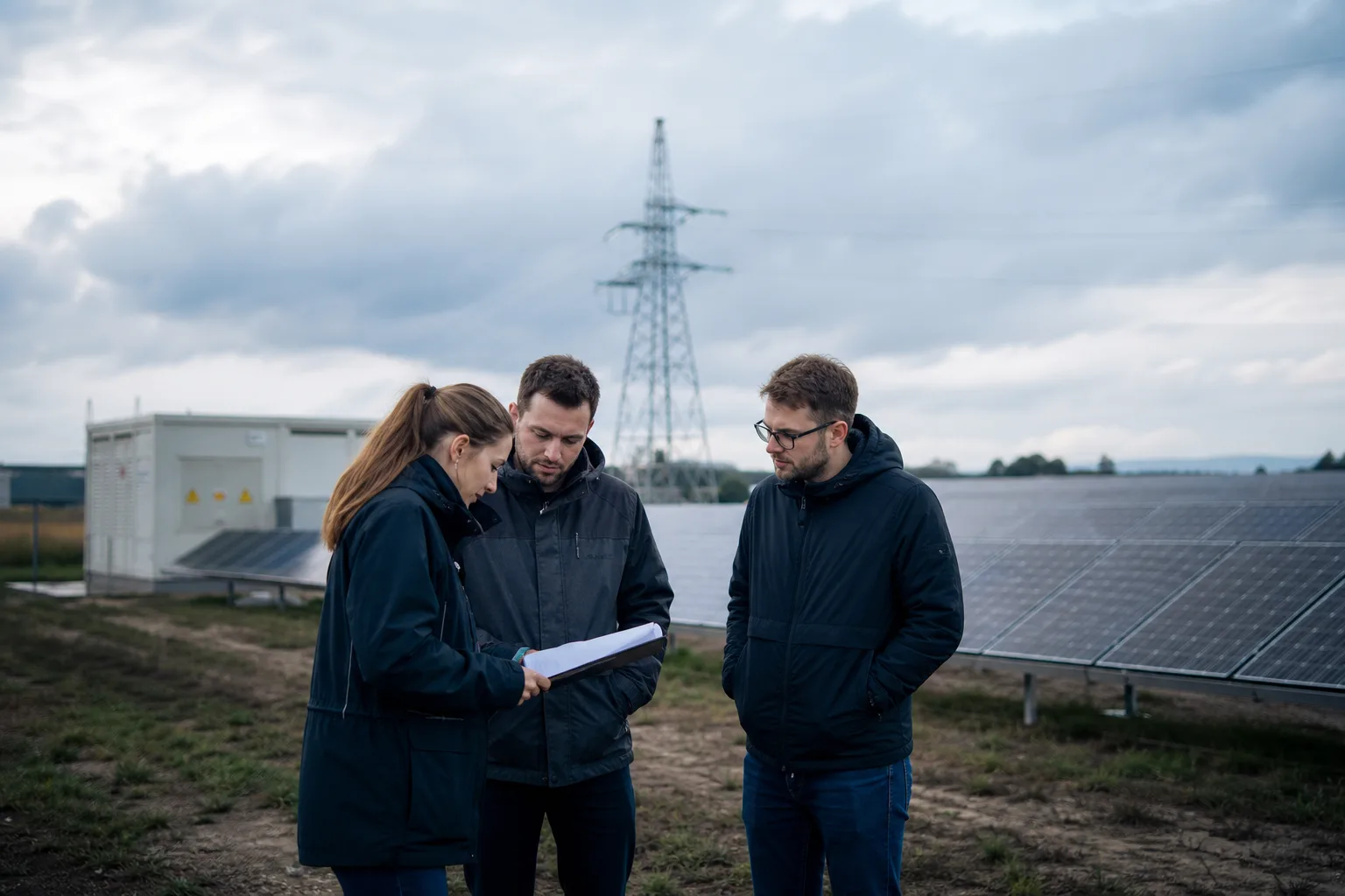 Solarpark in Polen mit Fachleuten vor Photovoltaikmodulen als Symbol für langfristige Stromabnahmeverträge.
