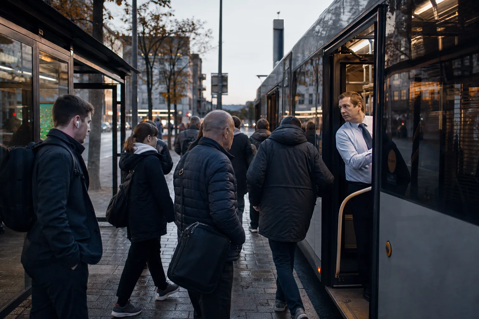 Ein Bus hält am frühen Morgen an einer städtischen Haltestelle, während Fahrgäste einsteigen und das Fahrpersonal den Betrieb vorbereitet.