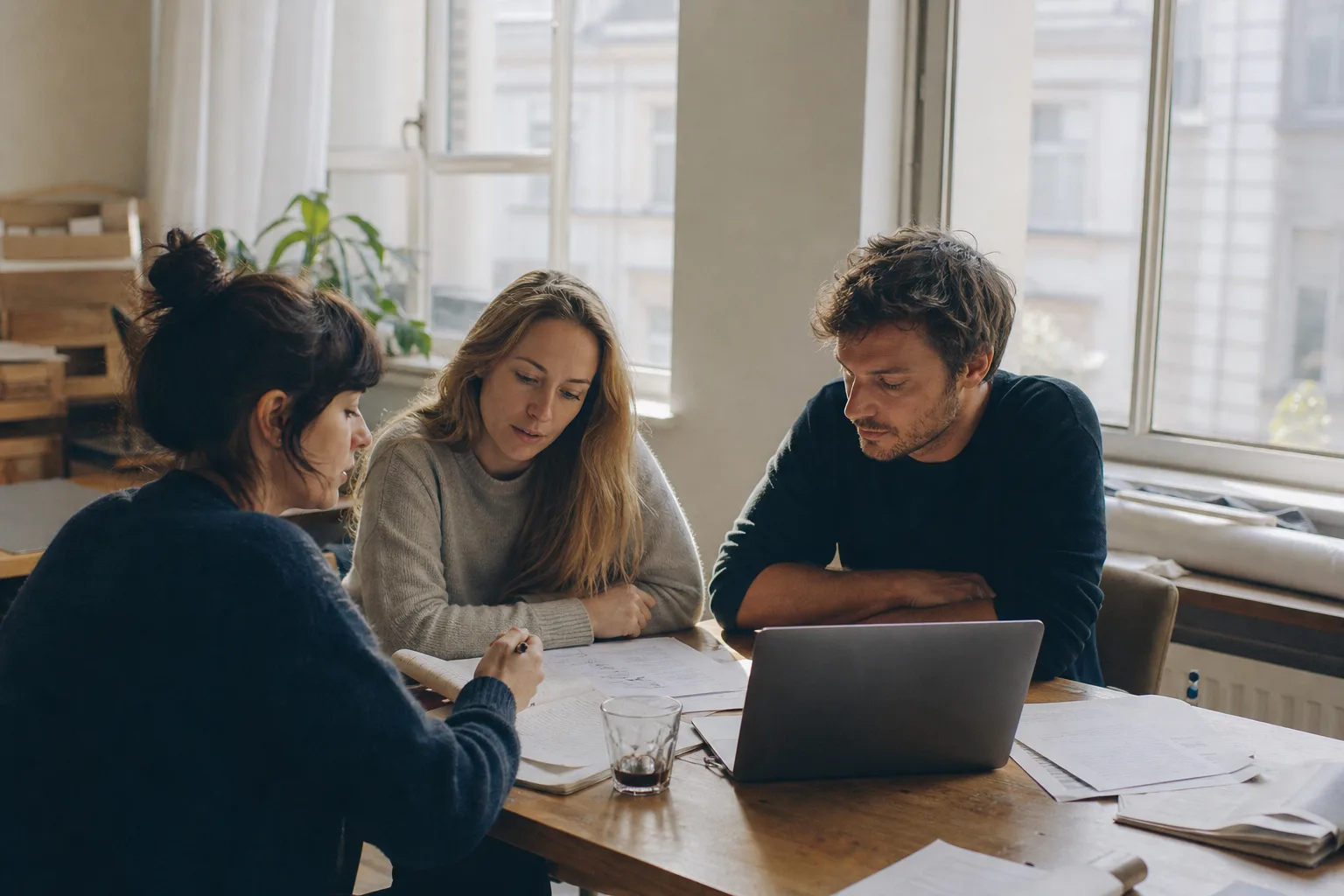 Gründungsteam in einem europäischen Startup-Büro bespricht Unterlagen zur EU Inc.