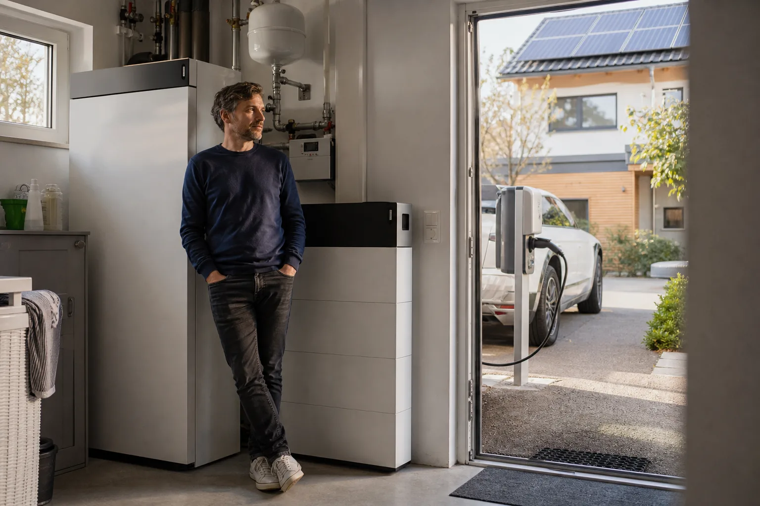 Hauswirtschaftsraum mit Wärmepumpe, Speicher und Blick auf Wallbox als Beispiel für dynamische Stromtarife im Haushalt