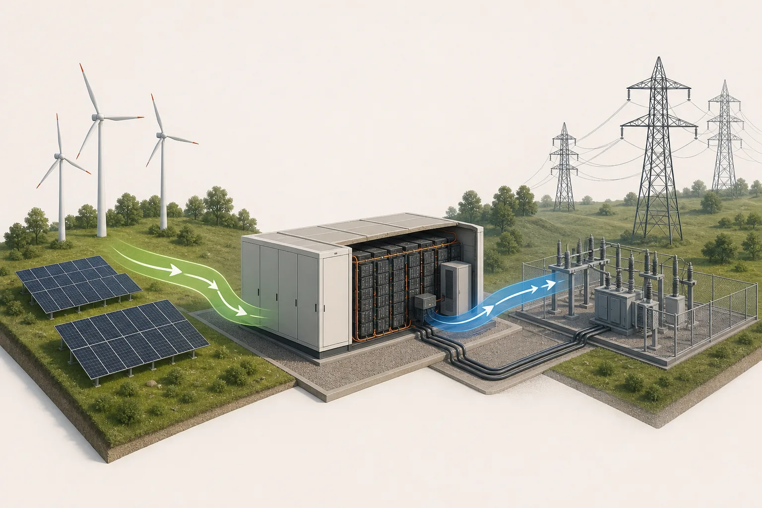 Textfreie Grafik zeigt Wind und Solar, einen Batteriespeicher sowie ein Hochspannungsnetz mit zwei Energieflussrichtungen.