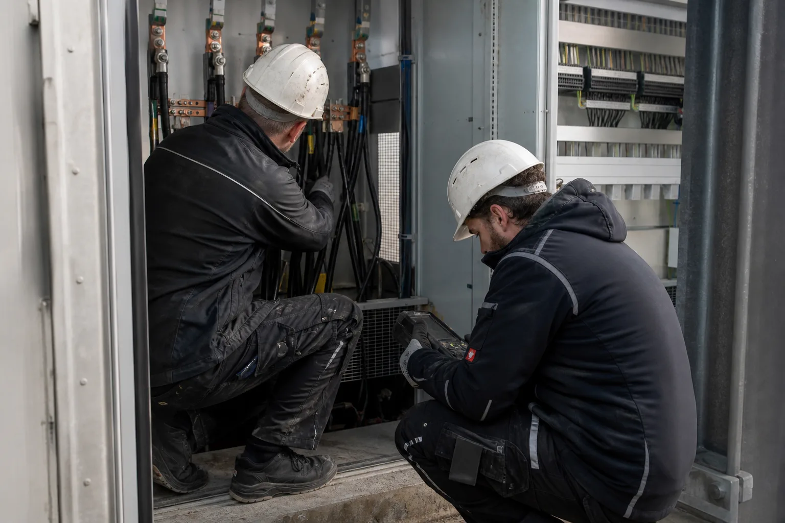 Zwei Wartungstechniker prüfen elektrische Anlagen im Servicebereich einer Windenergieanlage.