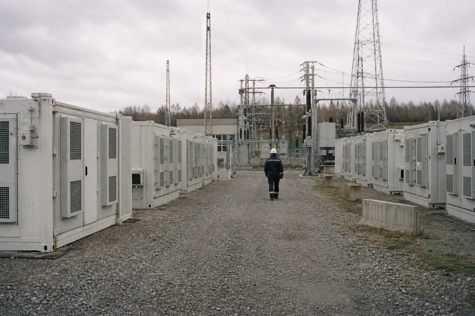 Batteriespeicher-Container stehen neben einem Umspannwerk; eine Fachkraft prüft die Anlage aus der Distanz.