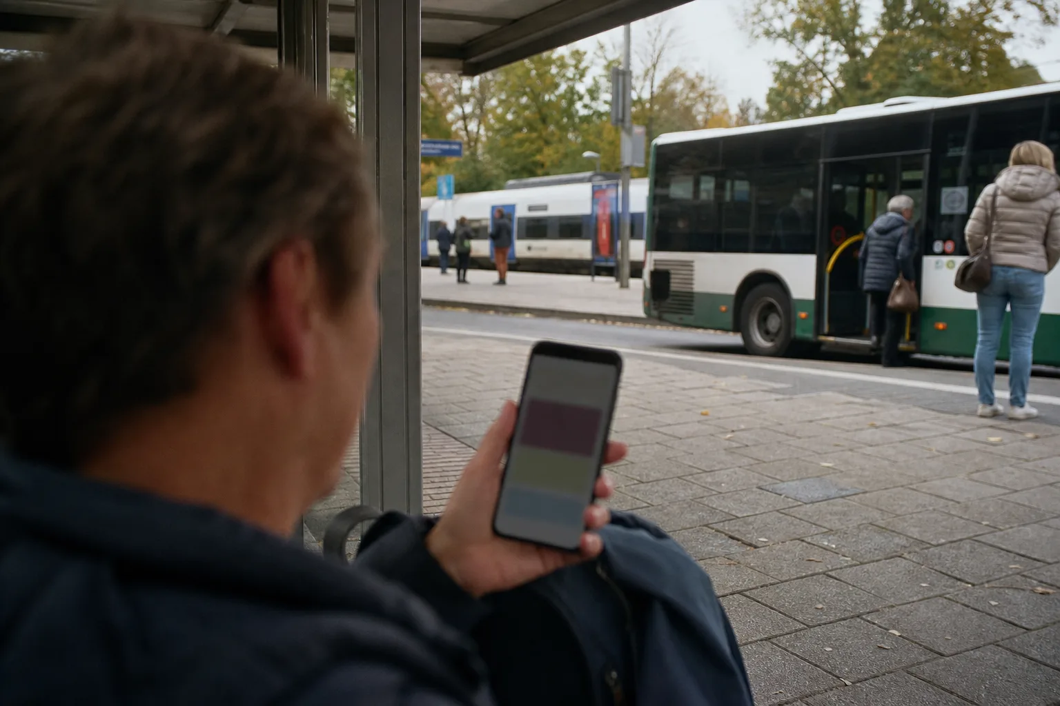 Ein Fahrgast prüft am Bus-und-Bahn-Umstieg eine Verbindung auf dem Smartphone.