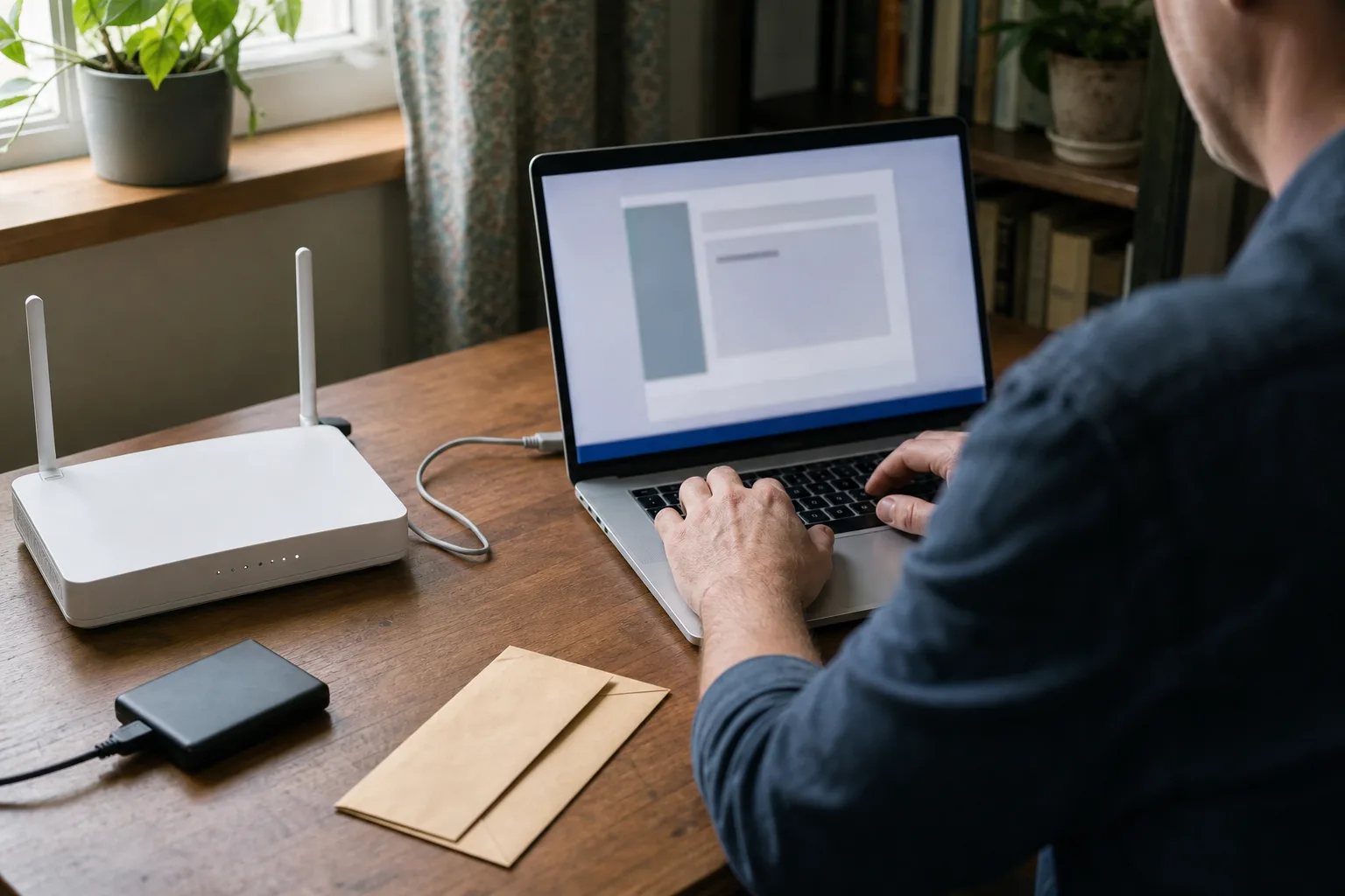 Eine Person bereitet am Laptop die Sicherung einer Routerkonfiguration vor.