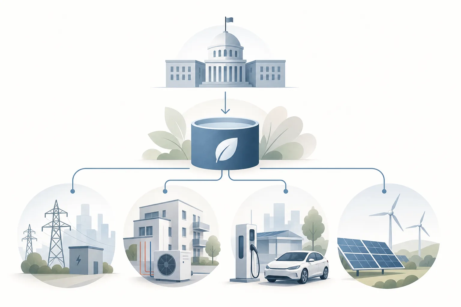 Schematische Darstellung von Bundeshaushalt, Klimafonds und kommunalen Energiewende-Projekten