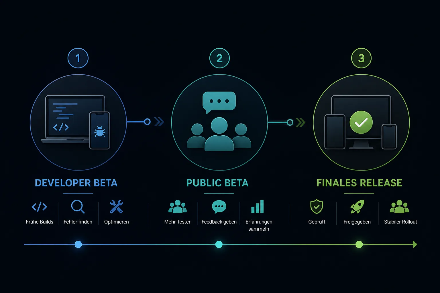 Grafik zeigt den Weg von Developer Beta über Public Beta zum finalen iOS-Release.