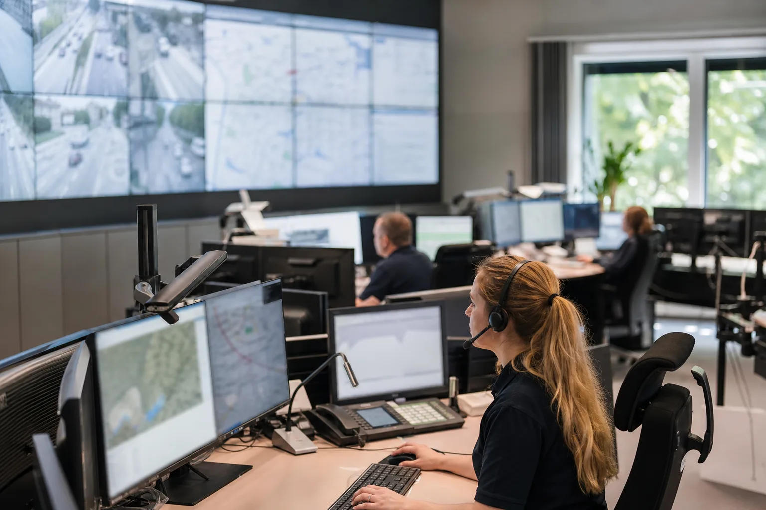 Verkehrsleitstelle mit Monitoren für Reiseinformationen und Störungsmeldungen