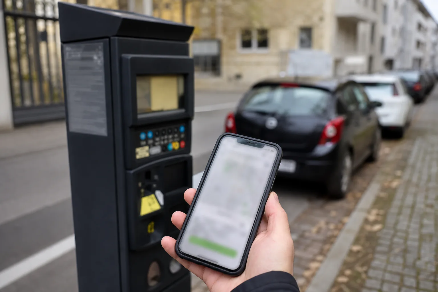 Smartphone und Parkautomat als Symbol für den Abgleich von Parkzone, App-Ticket und Kennzeichen.