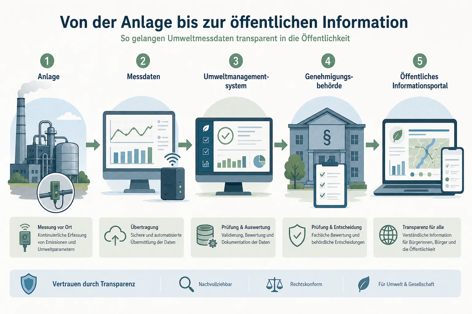 Schema vom Anlagenbetrieb über Messdaten und Umweltmanagement bis zur Genehmigungsbehörde