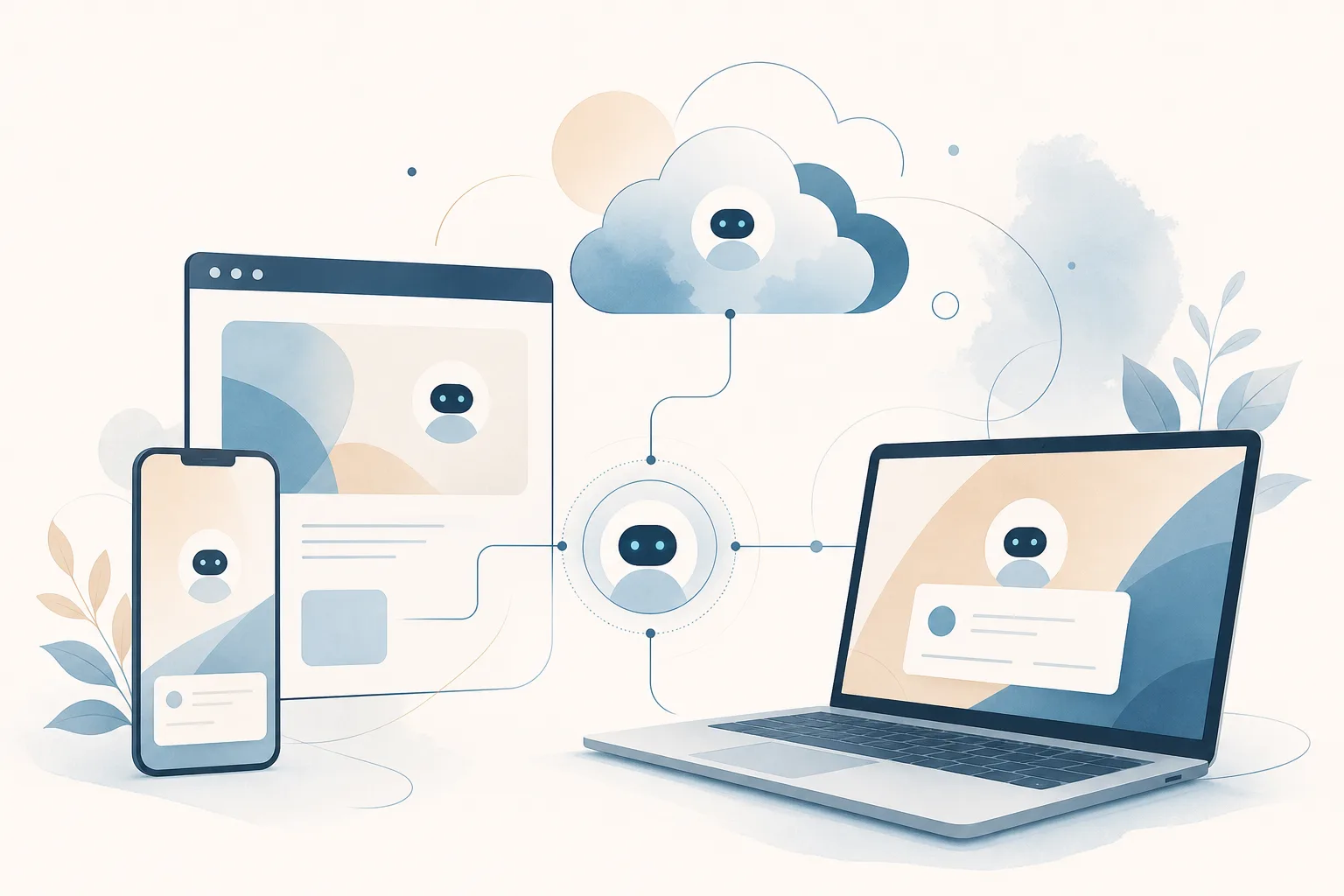 Abstrakter Ablauf zwischen Smartphone, Browser, Laptop und remote laufender Agenten-Session