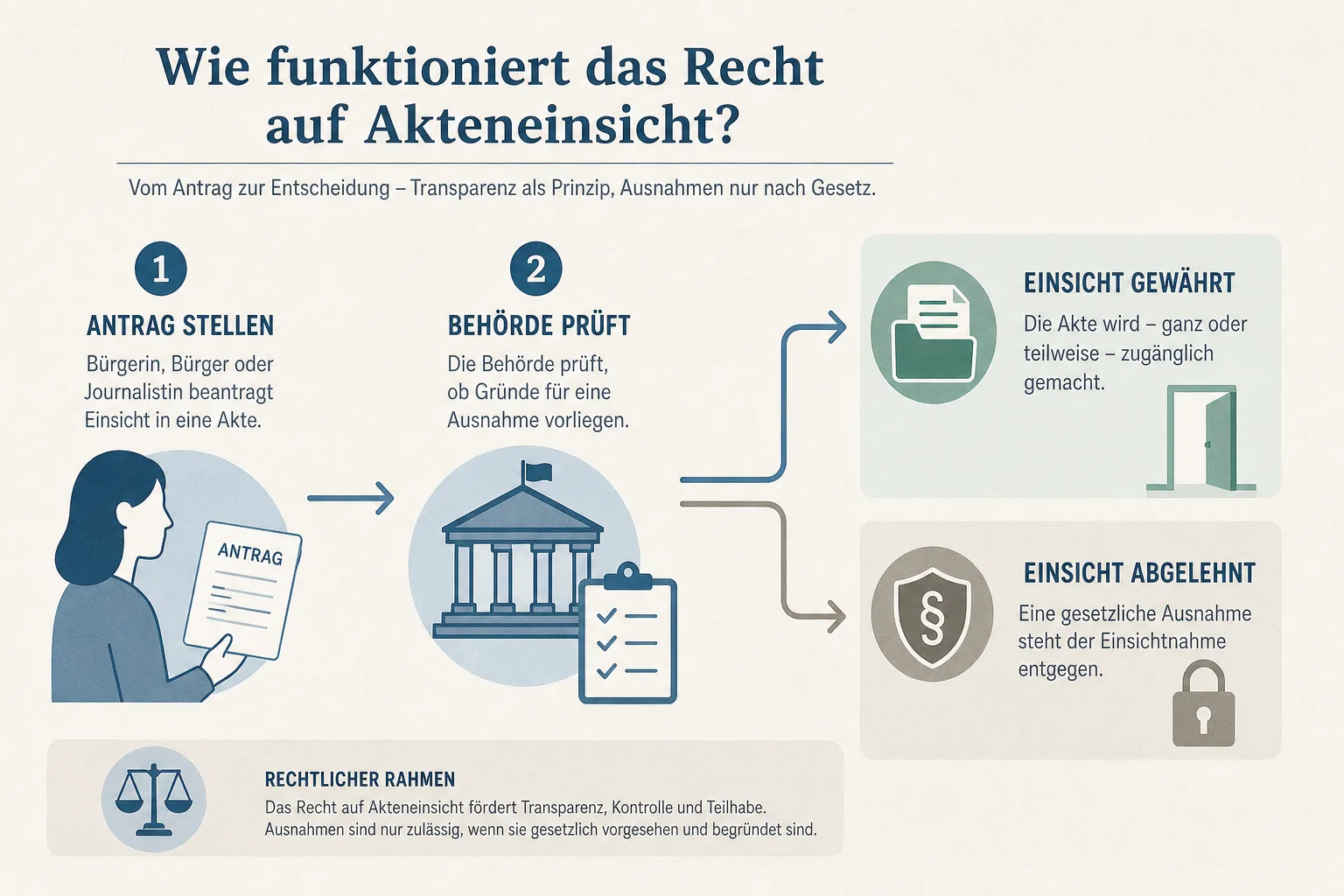 Schema einer IFG-Anfrage vom Antrag über die Behördenprüfung bis zur Auskunft oder Ausnahme