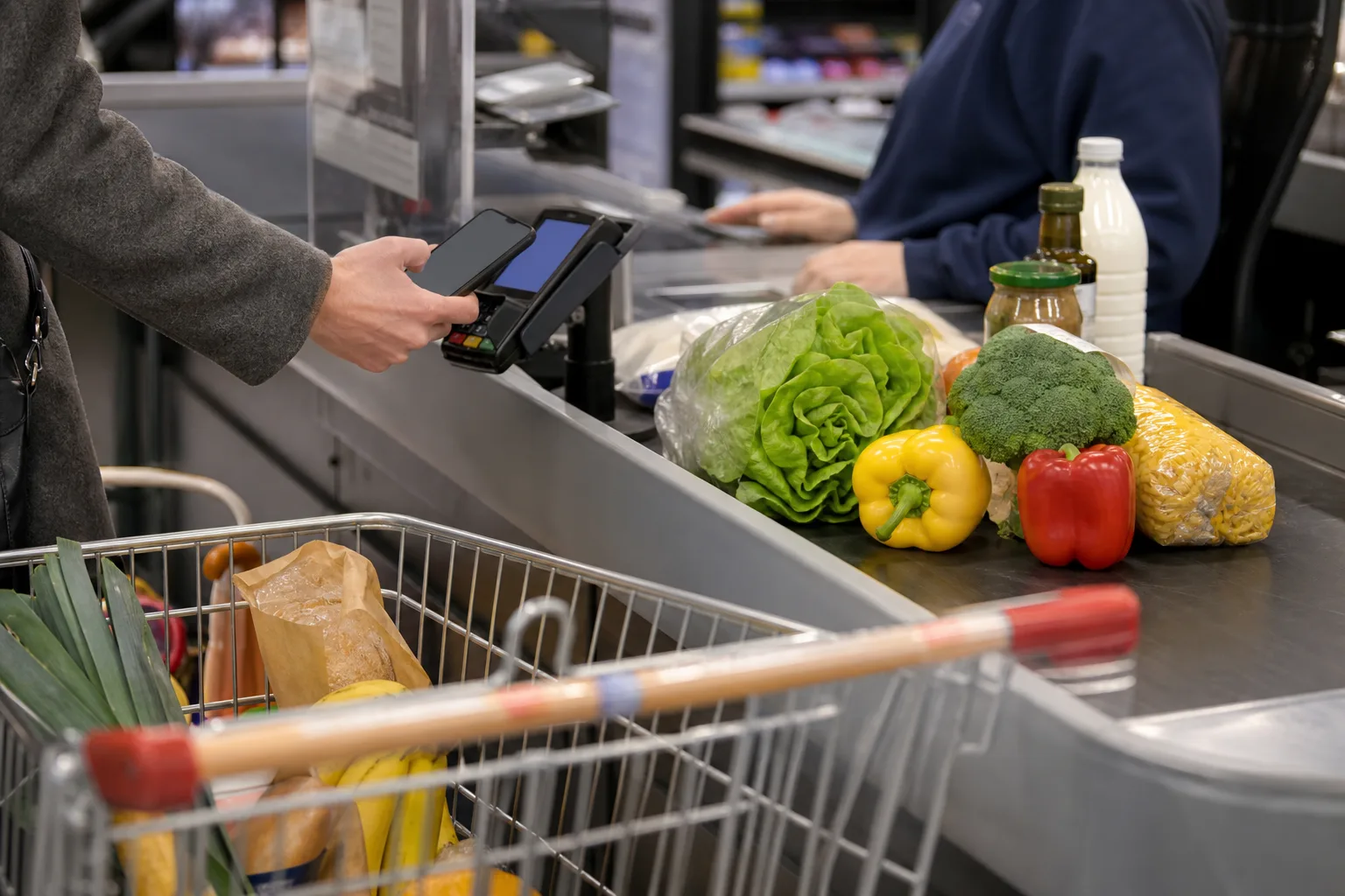 Eine Person hält an der Supermarktkasse ein Smartphone zum Scannen bereit