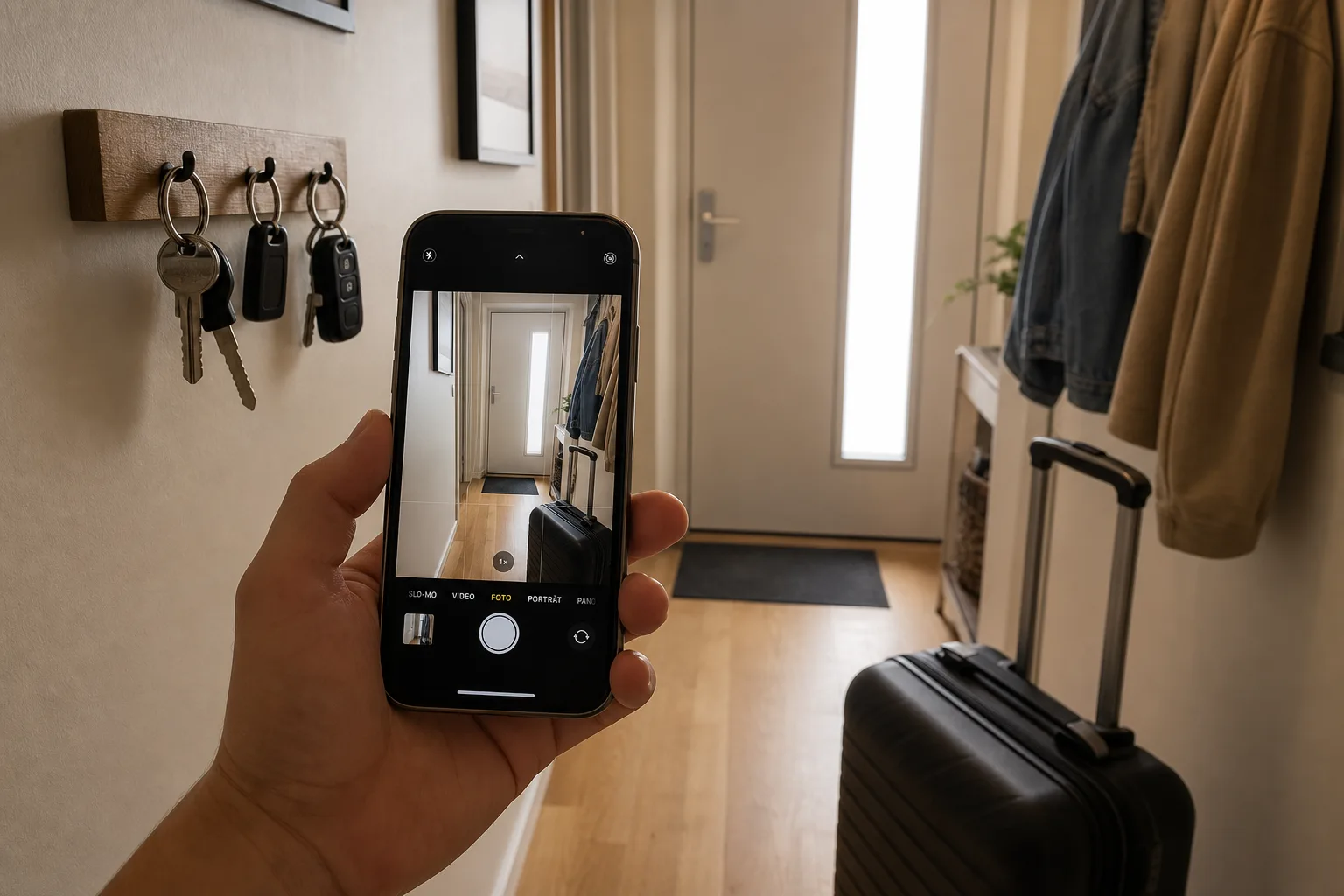 Koffer im Flur und Smartphone mit Blick auf den Haustürbereich vor einer Reise