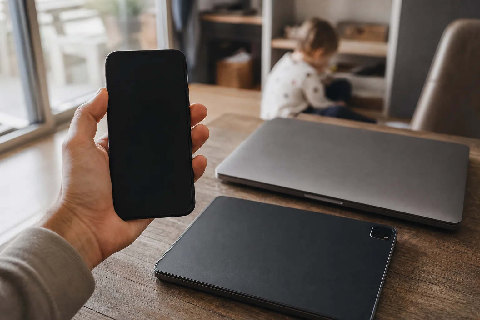 Smartphone, Laptop und Tablet stehen für Chat, E-Mail und Cloud im Familienalltag