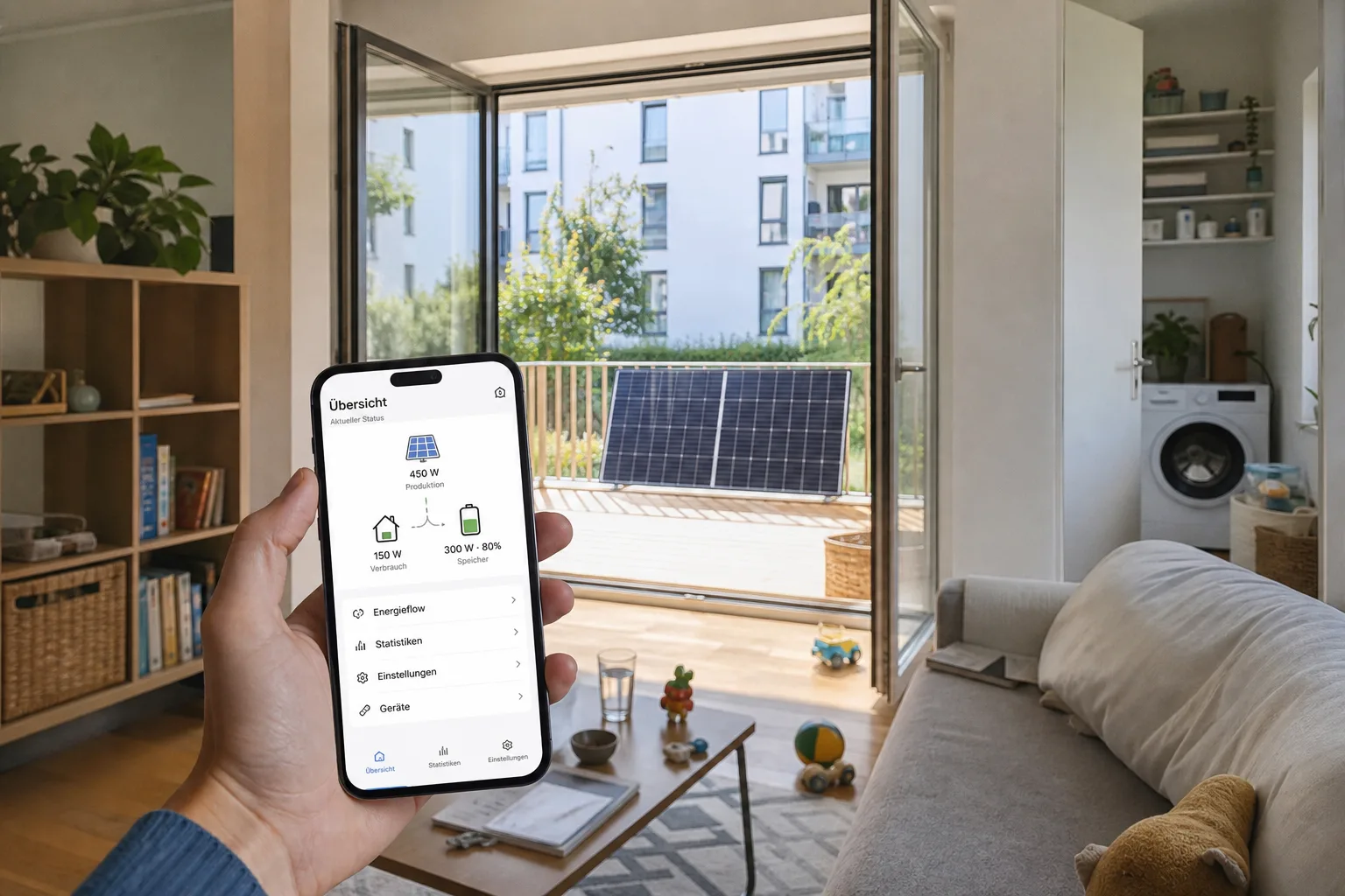 Wohnung mit Blick auf ein Balkonkraftwerk und eine Energie-App auf dem Smartphone