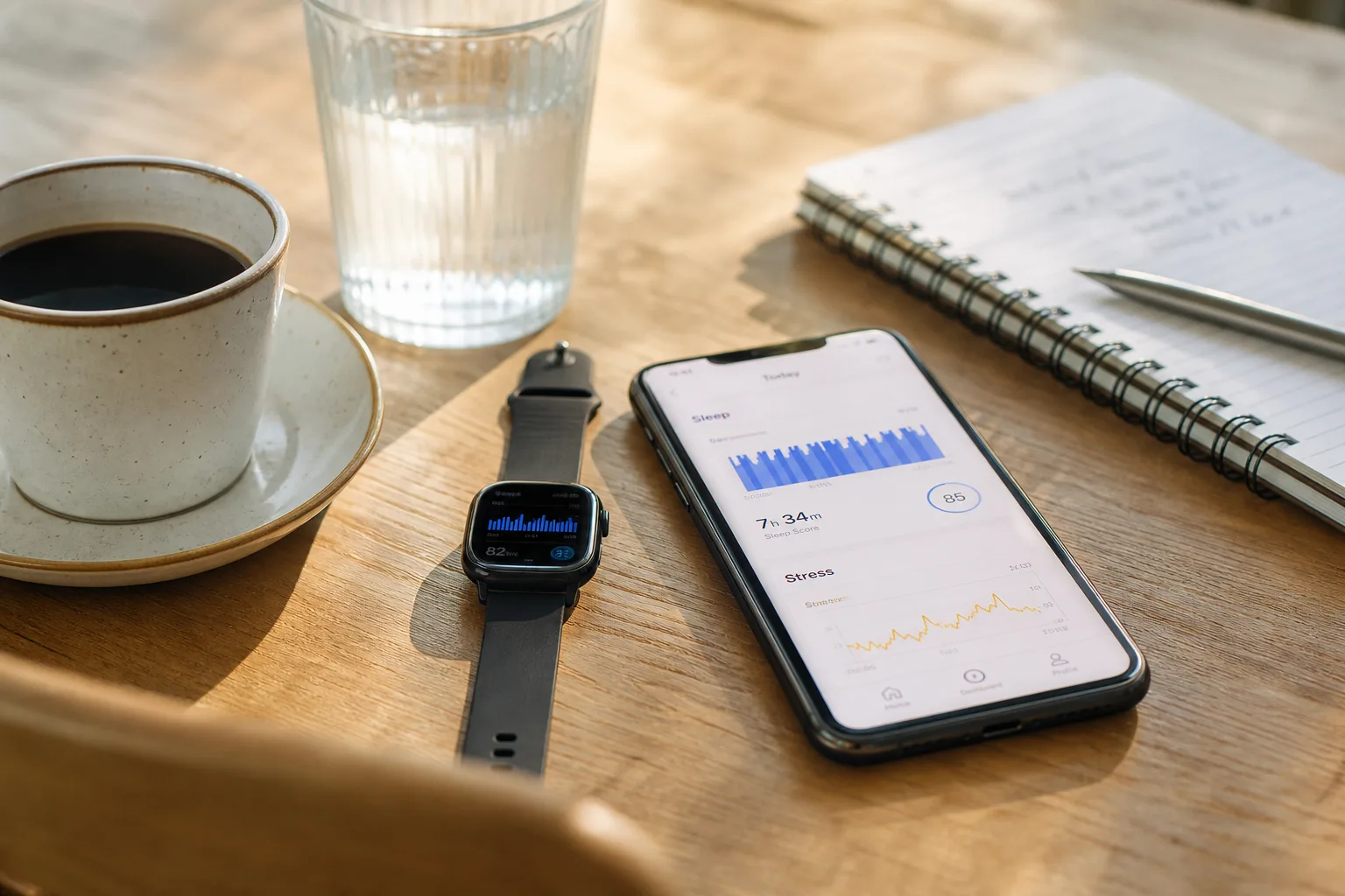 Smartwatch und Smartphone mit Gesundheitsdaten auf einem Küchentisch